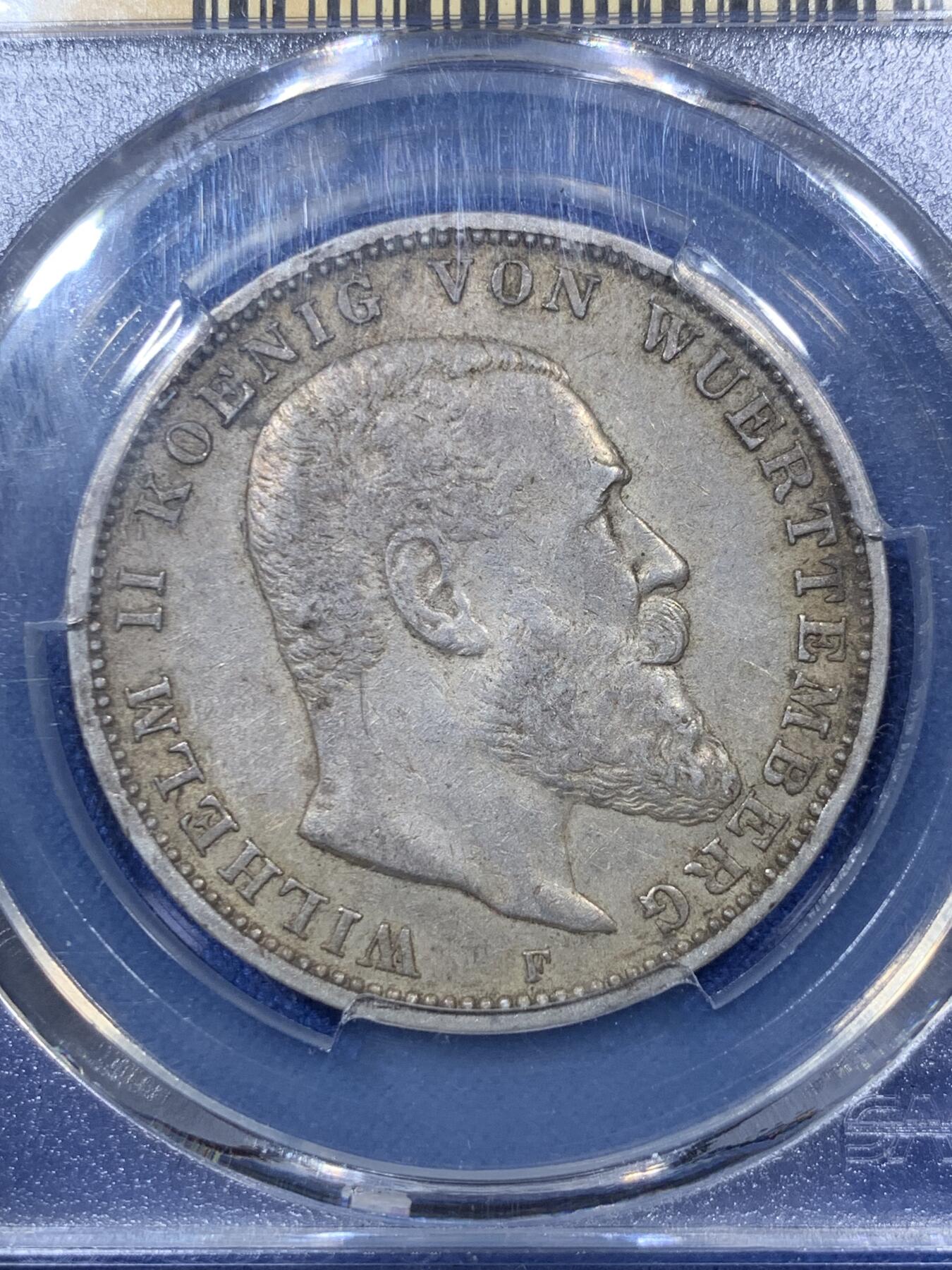 《竞宝斋》第293场- 周日，周一  2场连拍 （全场包邮） SGS AU58 德国1909威廉二世3马克银币