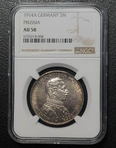世界各国银币章专场（第十一场） -  NGC AU58德国1914年普鲁士王国威廉二世（军装版）3马克银币