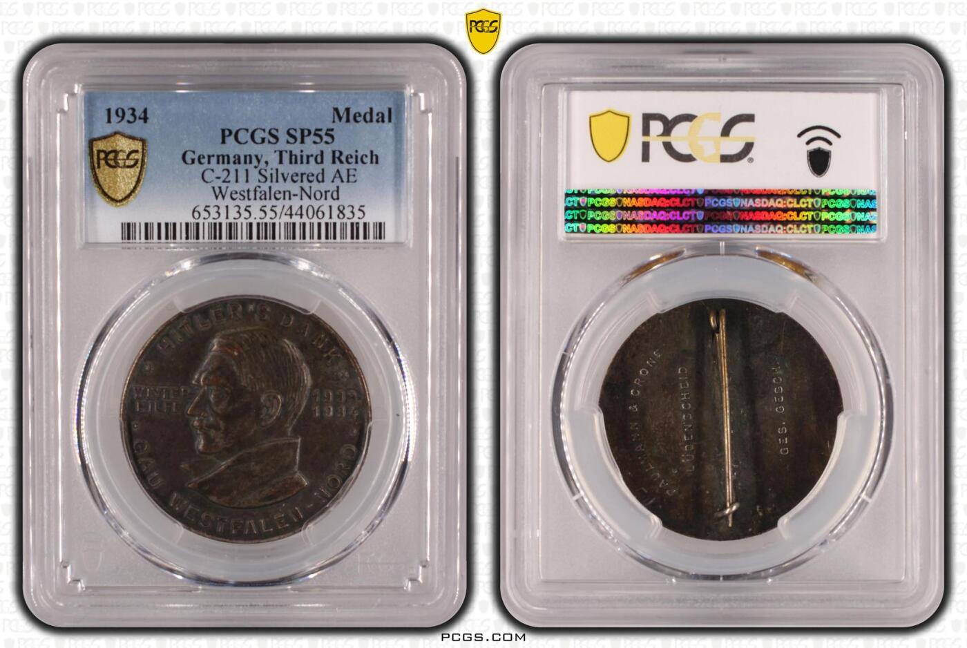长老汇龙年精选第十四场拍卖 1934 Medal C-211 Silvered AE Westfalen-Nord，PCGS SP58