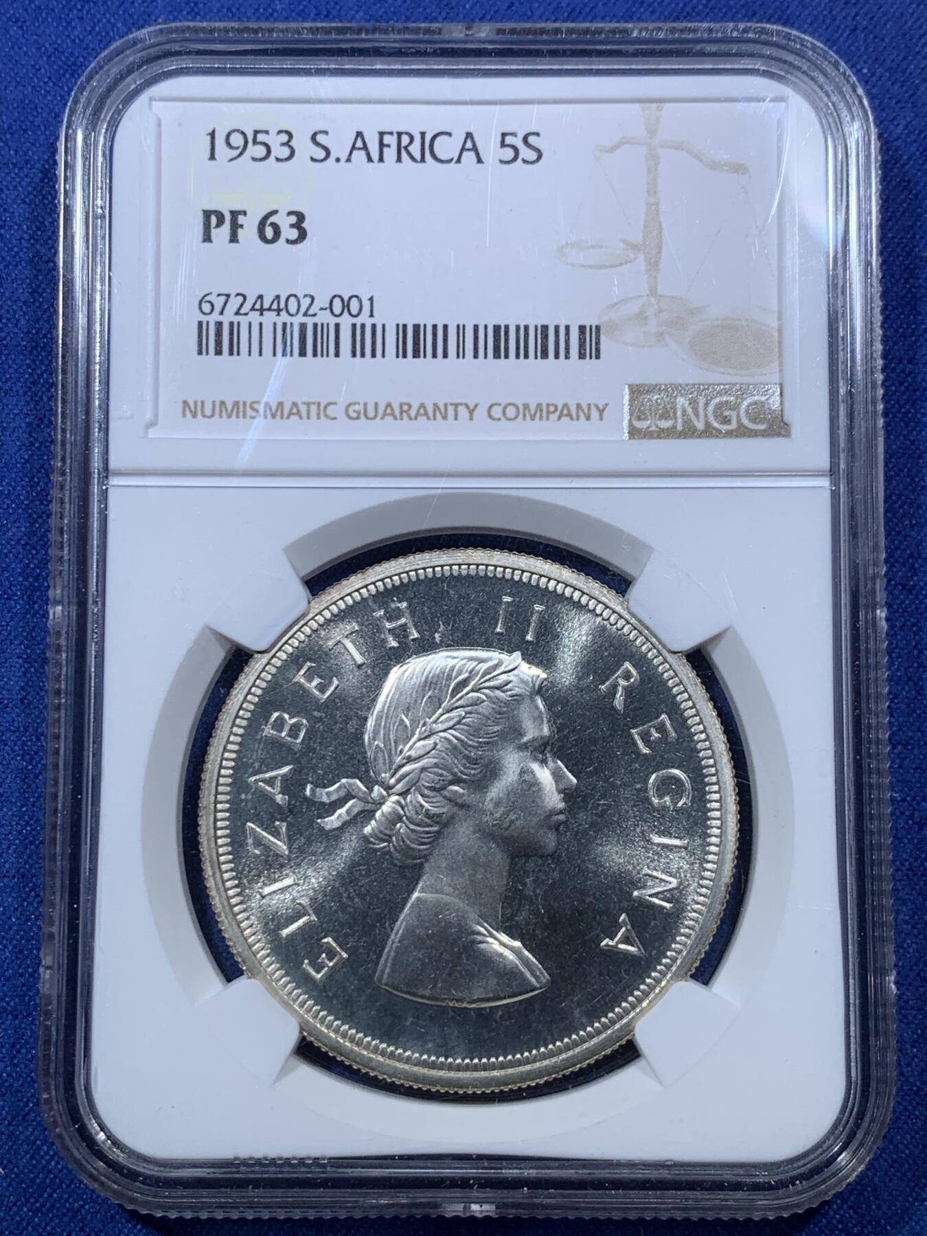 《竞宝斋》第293场- 周日，周一  2场连拍 （全场包邮） NGC PF63 南非1953年伊丽莎白二世50分精制银币 跳羚羊 高分高浮雕 一步到位