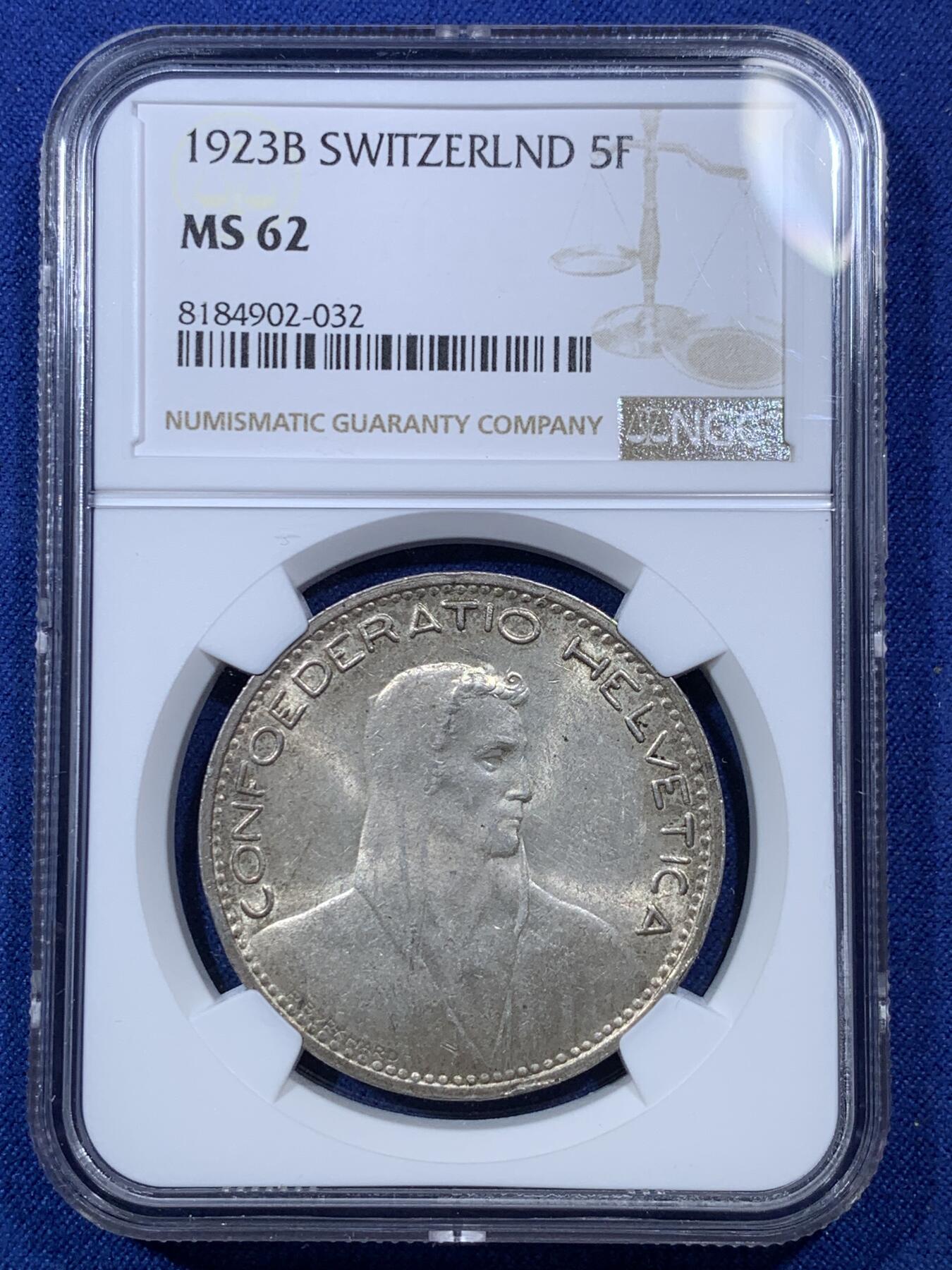 《竞宝斋》第293场- 周日，周一  2场连拍 （全场包邮） NGC MS62 瑞士 1923年 威廉泰尔 5法郎 大银币