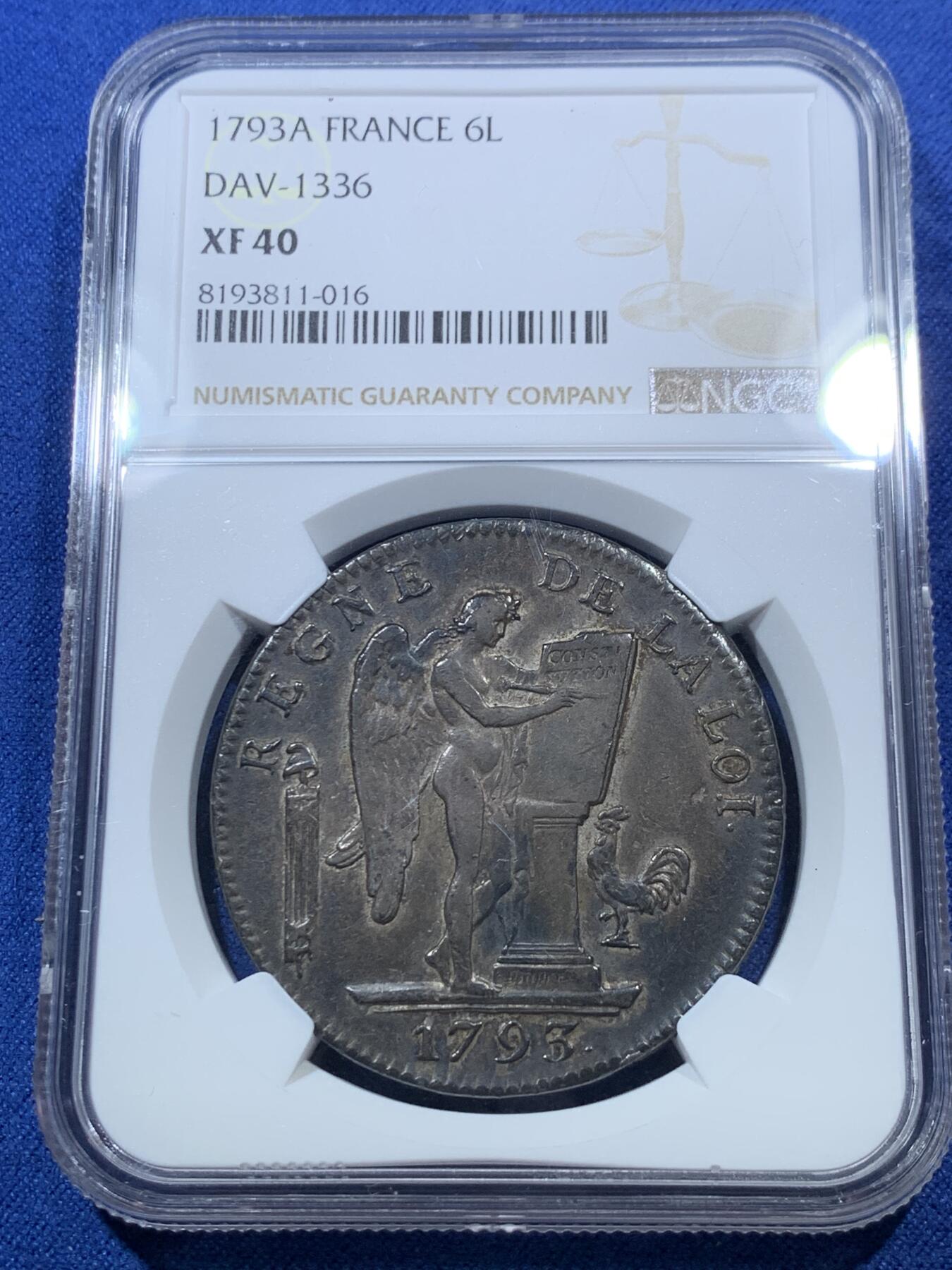 《竞宝斋》第293场- 周日，周一  2场连拍 （全场包邮） NGC XF40 法国 1793 天使埃居大银币 双面深彩包浆 状态味道非常好 几乎无减重