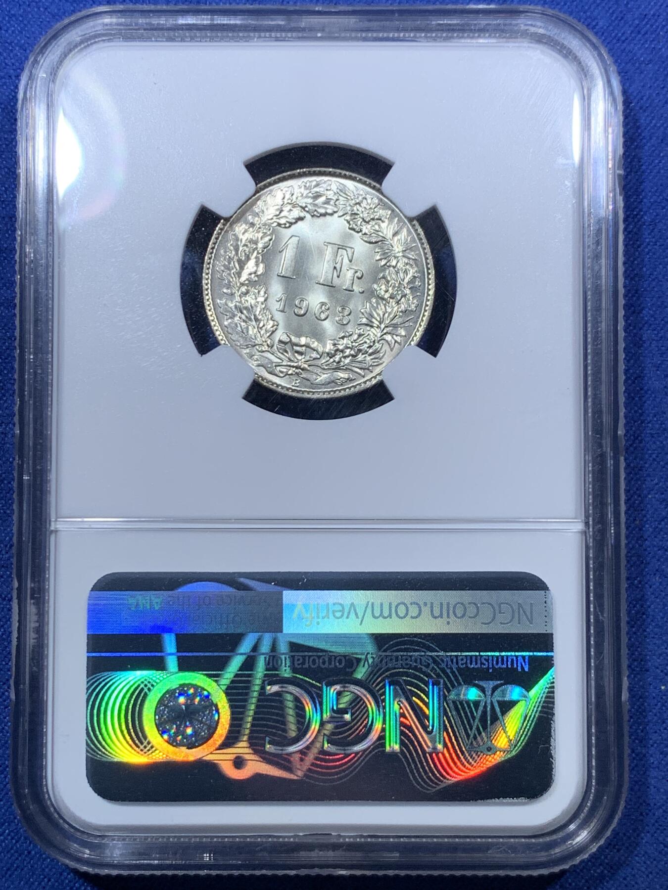 《竞宝斋》第293场- 周日，周一  2场连拍 （全场包邮） NGC MS67 瑞士 1963年 赫尔维蒂亚 1法郎银币 顶级品相 超强转光