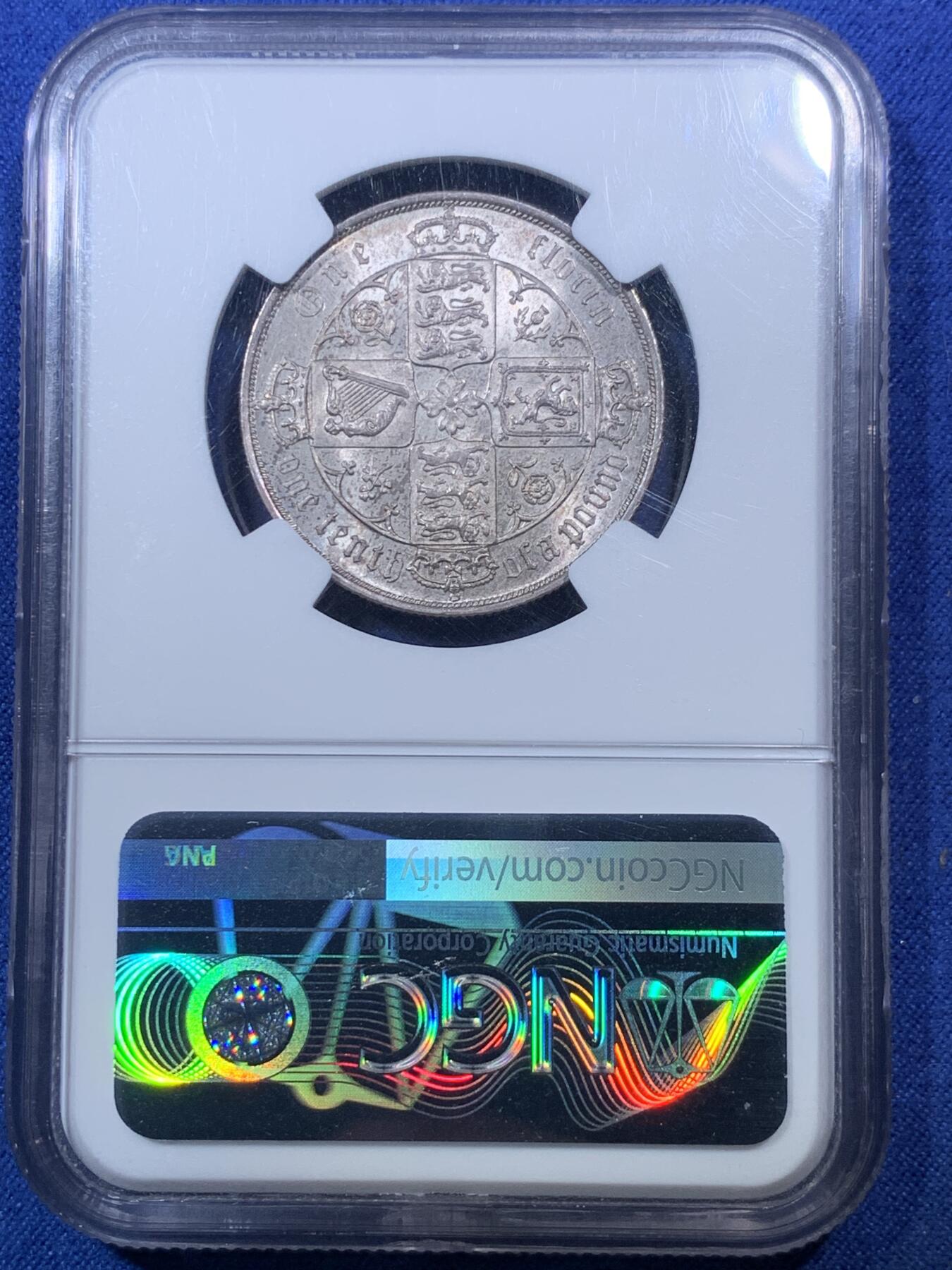 《竞宝斋》第293场- 周日，周一  2场连拍 （全场包邮） NGC MS63 英国维多利亚1885年哥特弗洛林银币，原转光品相极佳，哥特版本漂亮