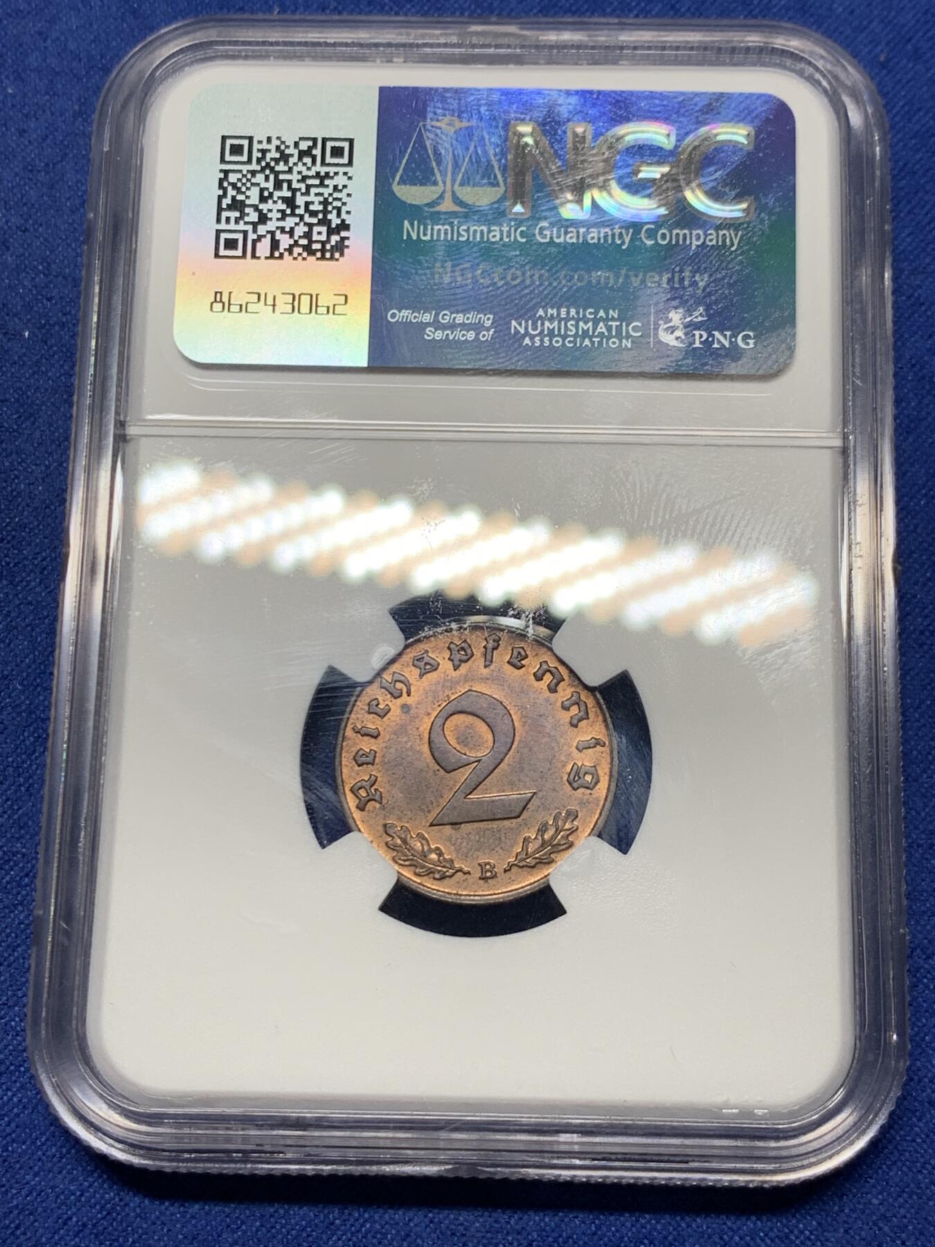 《竞宝斋》第293场- 周日，周一  2场连拍 （全场包邮） NGC MS63RB 1939B德国2芬尼铜币