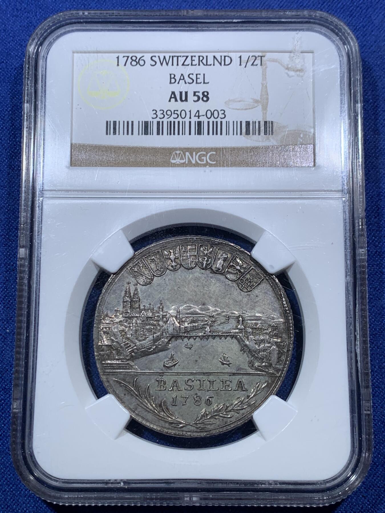 《竞宝斋》第293场- 周日，周一  2场连拍 （全场包邮） NGC AU58 瑞士 1786 巴塞尔 翼龙 景观 1/2泰勒 银币 高点俱在 热门品种