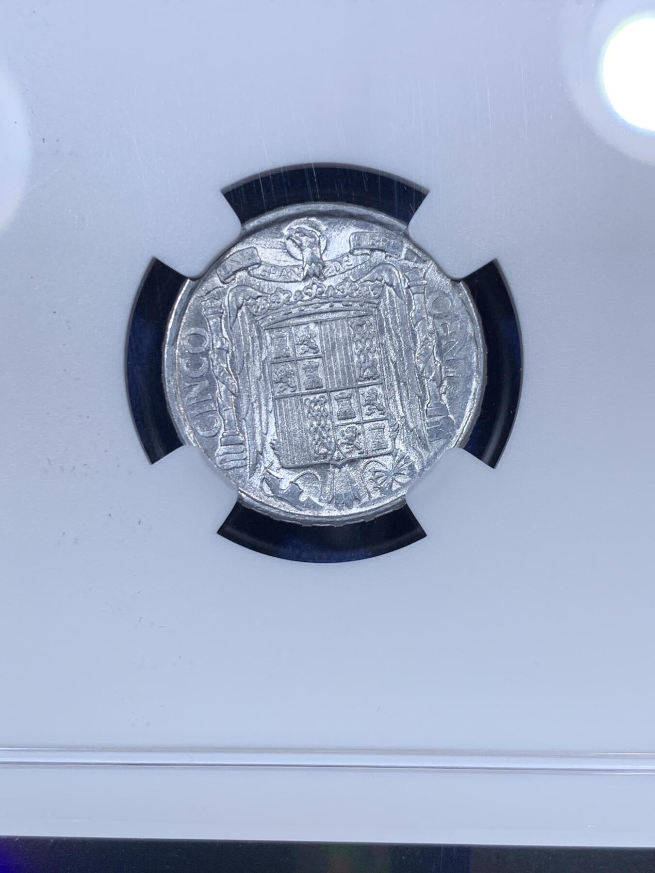 《竞宝斋》第293场- 周日，周一  2场连拍 （全场包邮） NGC MS66 西班牙1945年唐吉坷德勇士5分铝币