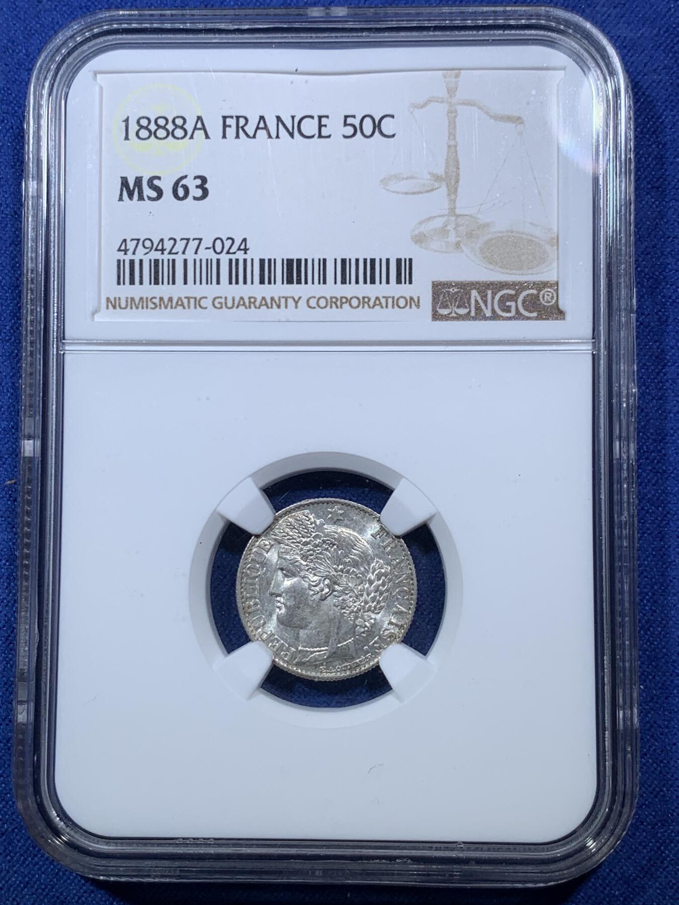 《竞宝斋》第293场- 周日，周一  2场连拍 （全场包邮） NGC MS63 法国1888A谷物女神50分银币 巴黎厂出品 吉祥年份 状态佳