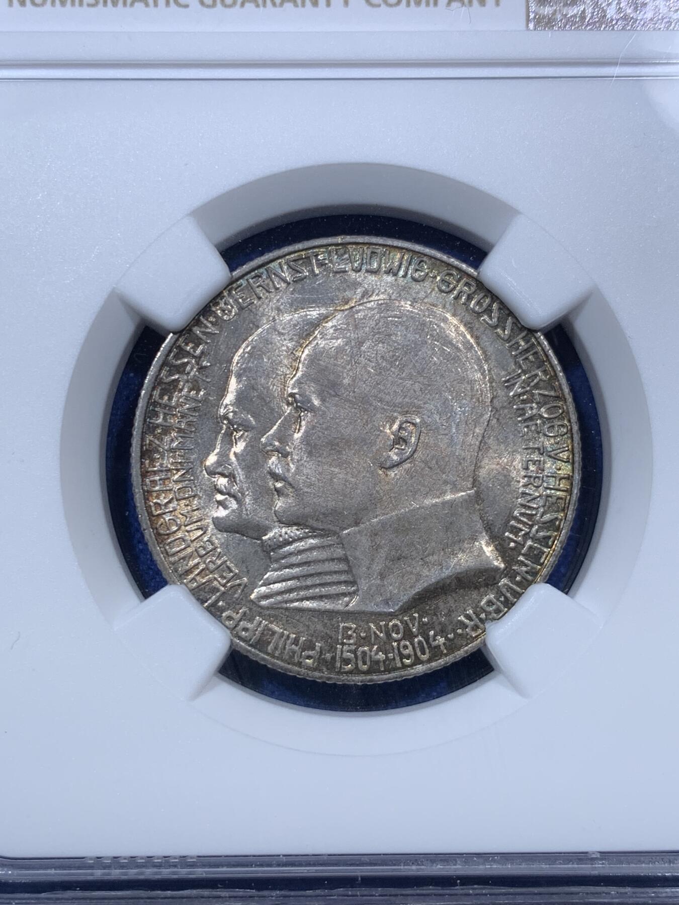 《竞宝斋》第293场- 周日，周一  2场连拍 （全场包邮） NGC MS65 德国 1904年 黑森达姆施塔特2马克银币