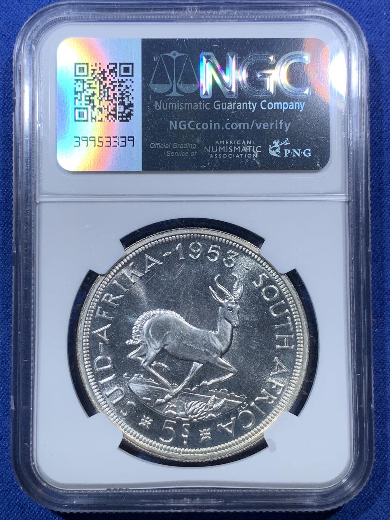 《竞宝斋》第293场- 周日，周一  2场连拍 （全场包邮） NGC PF63 南非1953年伊丽莎白二世50分精制银币 跳羚羊 高分高浮雕 一步到位