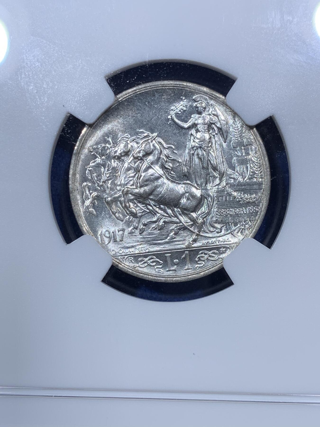 《竞宝斋》第293场- 周日，周一  2场连拍 （全场包邮） NGC MS63 意大利1917年马车1里拉银币 几乎出厂状态