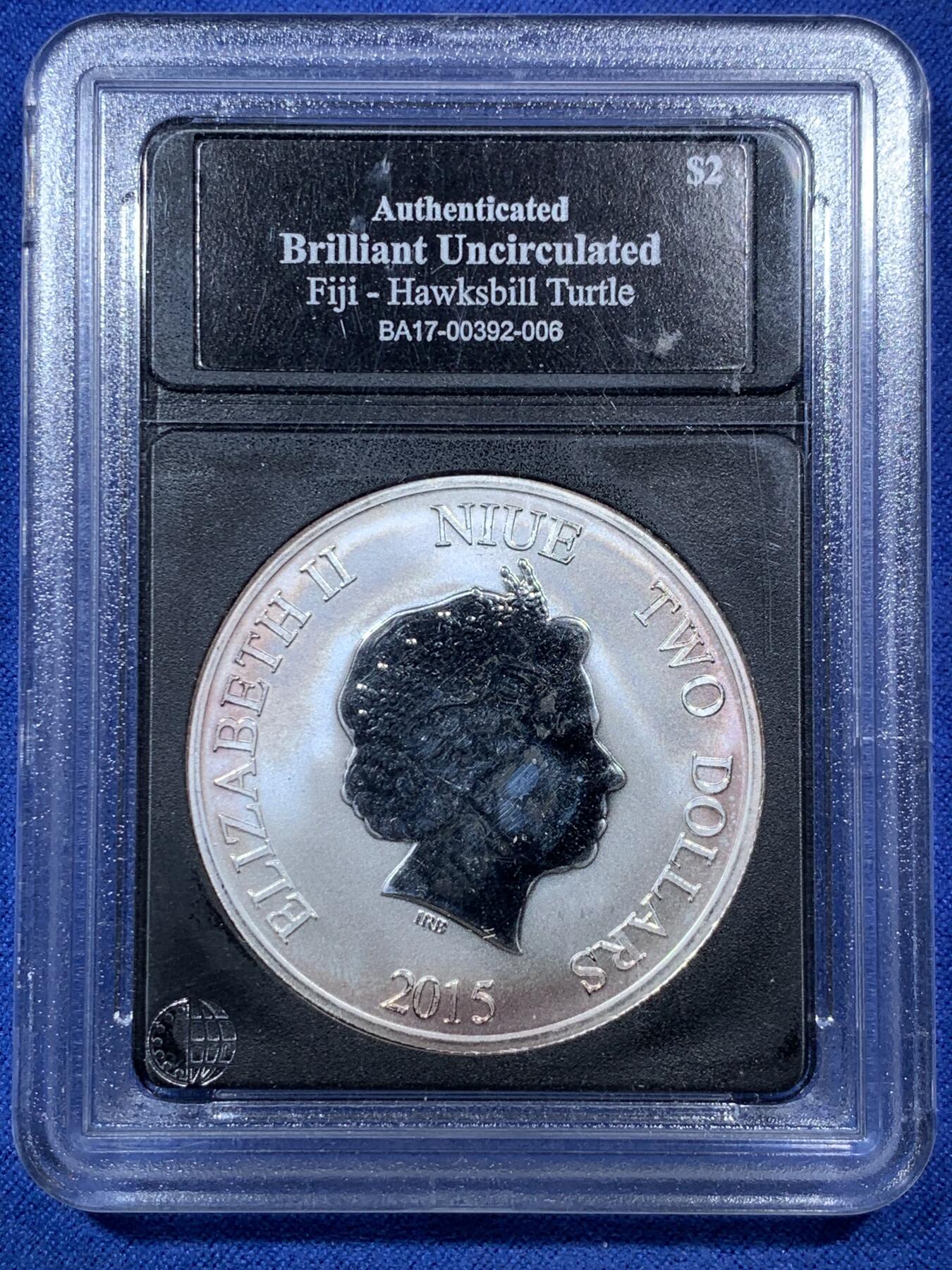 《竞宝斋》第293场- 周日，周一  2场连拍 （全场包邮） 国外评级封装 BU等级 纽埃 2015年 海龟一盎司999精制银币 少见品种 评级未流通好品认证 自然五彩特别好看 实物更美