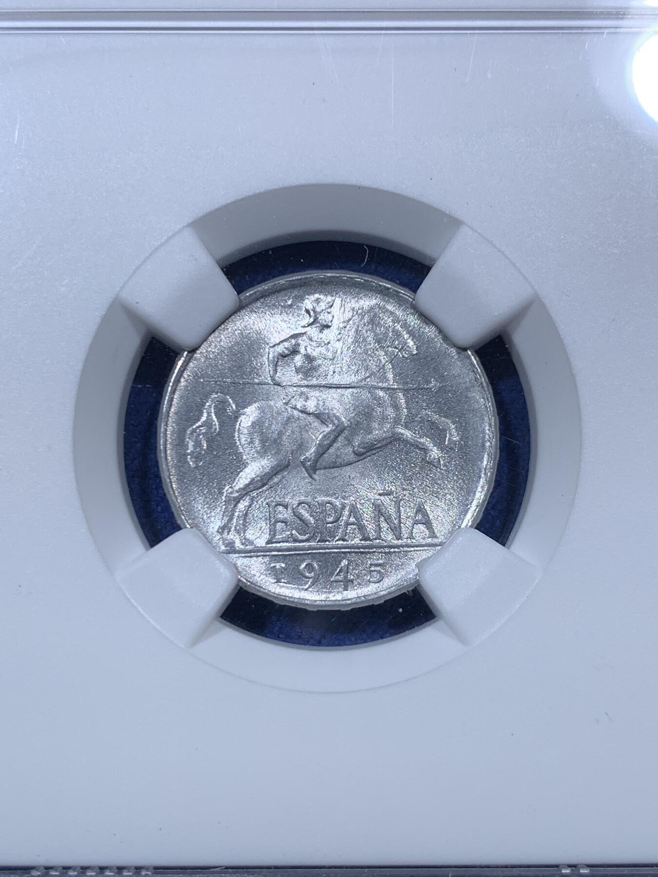 《竞宝斋》第293场- 周日，周一  2场连拍 （全场包邮） NGC MS66 西班牙1945年唐吉坷德勇士5分铝币