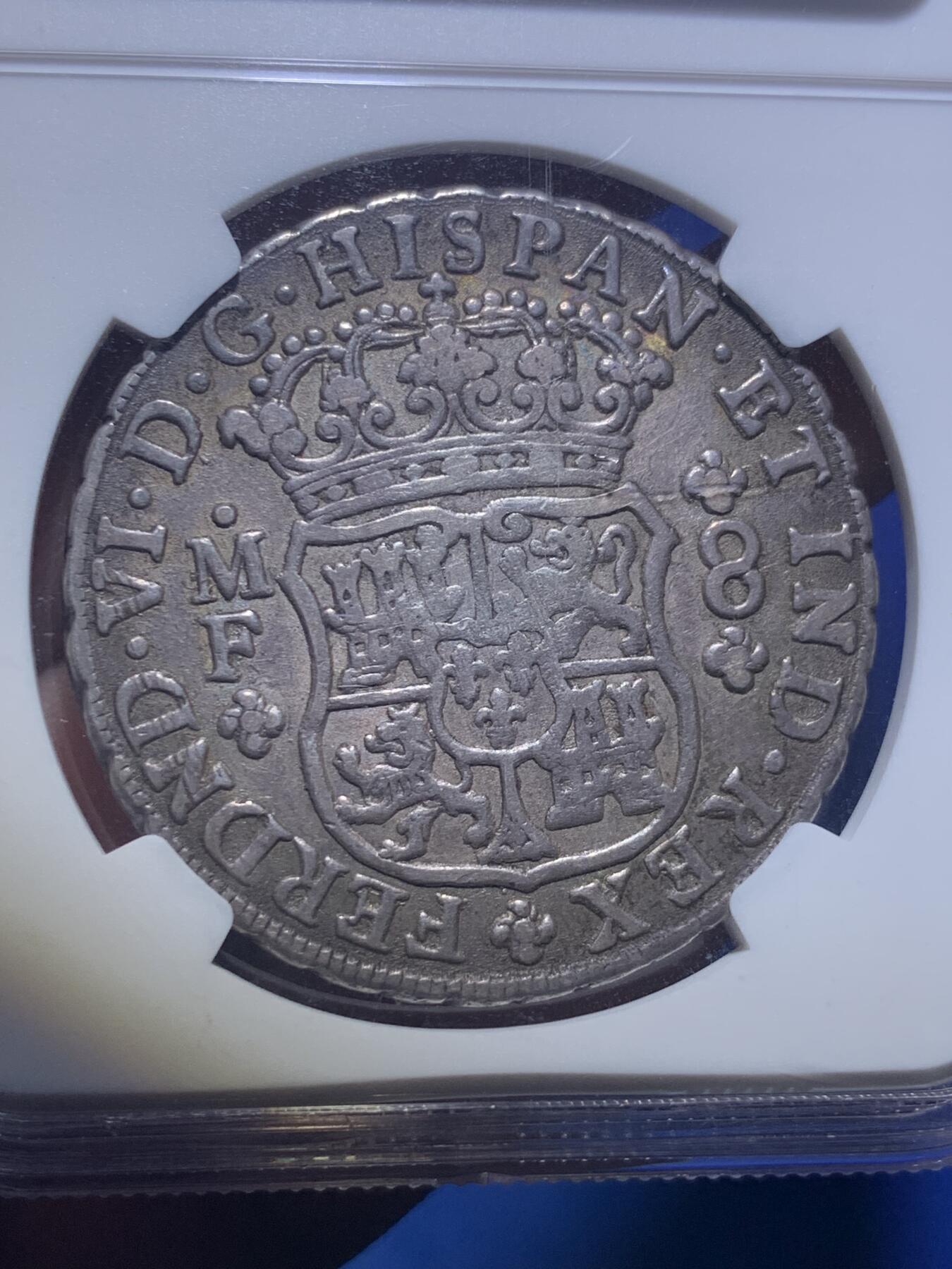 《竞宝斋》第293场- 周日，周一  2场连拍 （全场包邮） NGC XF40 墨西哥1747年费迪南六世地球双柱8里亚尔银币 双面细节清晰，比很多高分币状态还好，可重评