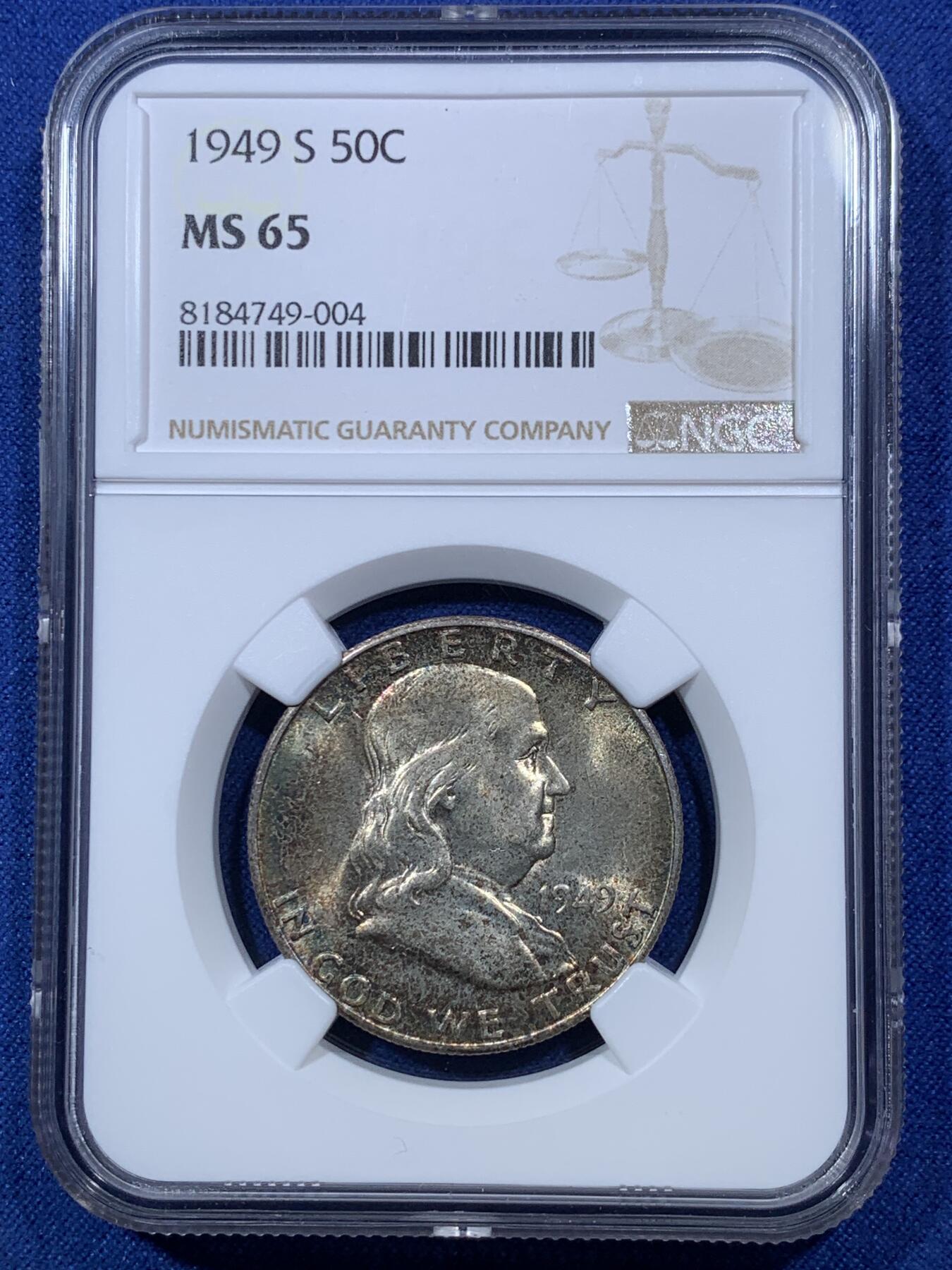 《竞宝斋》第293场- 周日，周一  2场连拍 （全场包邮） NGC MS65 美国 1949年S版 富兰克林半美元 50美分银币 月牙形五彩包浆 65分目录价160美元