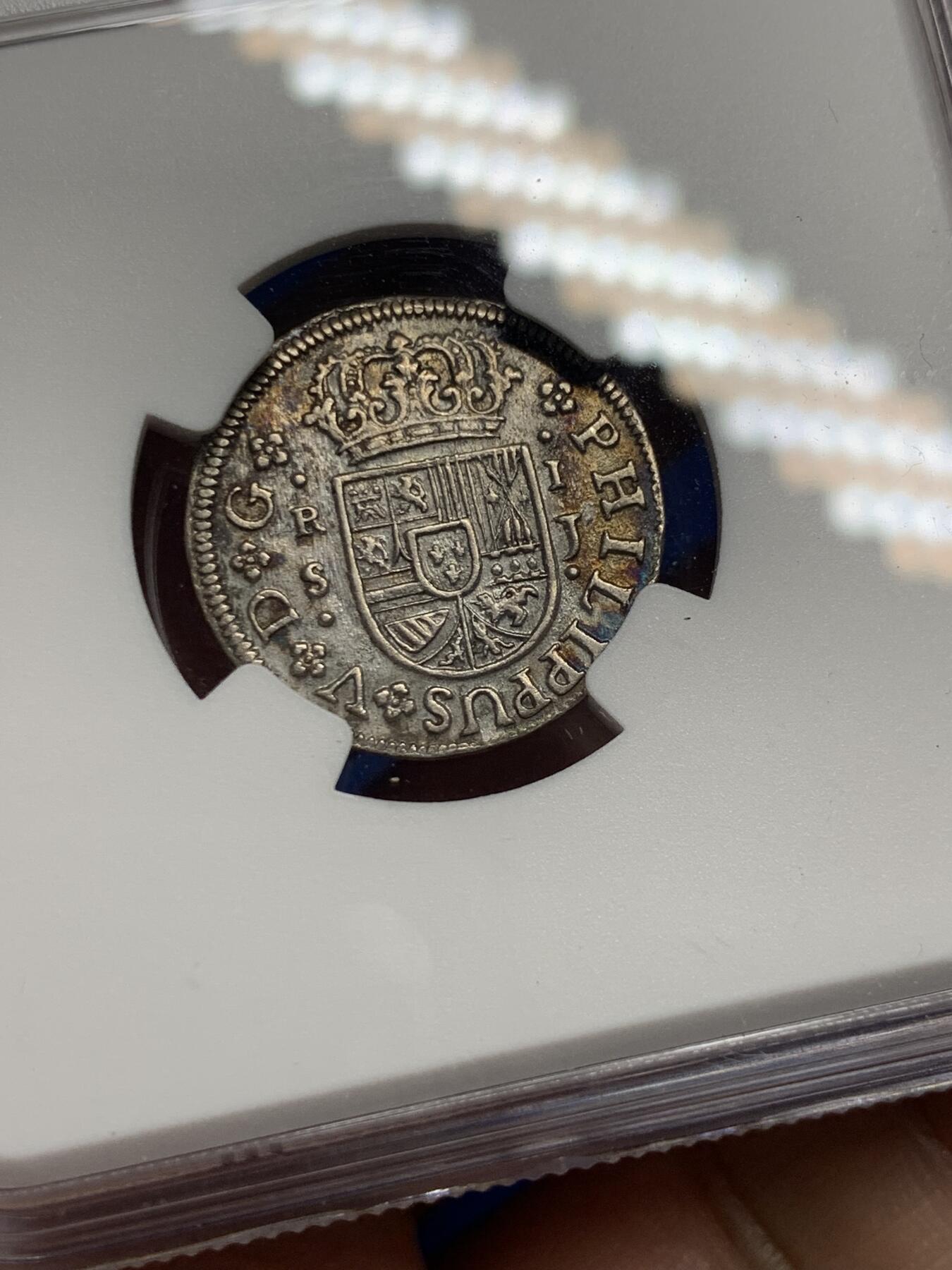 《竞宝斋》第293场- 周日，周一  2场连拍 （全场包邮） NGC AUD 西班牙1726S腓力五世1里亚尔银币 本土十字 少见品种