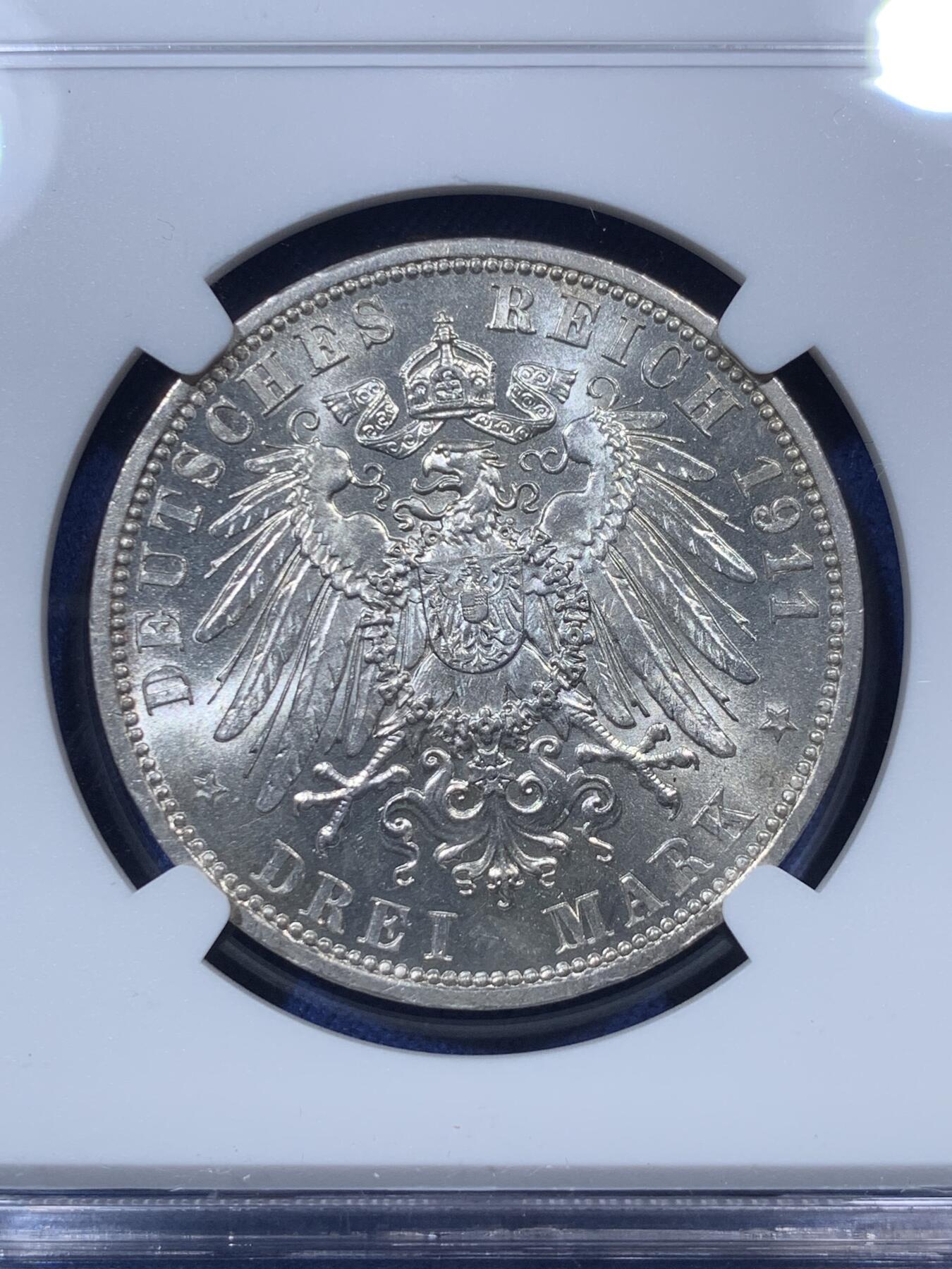 《竞宝斋》第293场- 周日，周一  2场连拍 （全场包邮） NGC MS64 德国安哈特1911A长脖子3马克银币 稀少年份