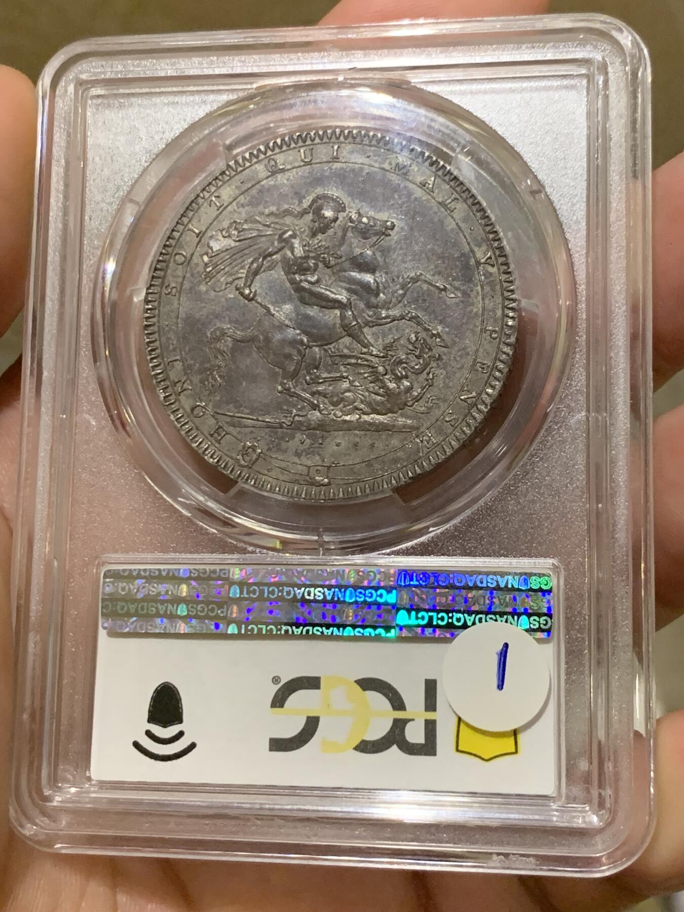 《竞宝斋》第293场- 周日，周一  2场连拍 （全场包邮） 荐！PCGS MS63+ 英国1819年乔治三世马剑克朗银币 难得一见高分味道包浆
