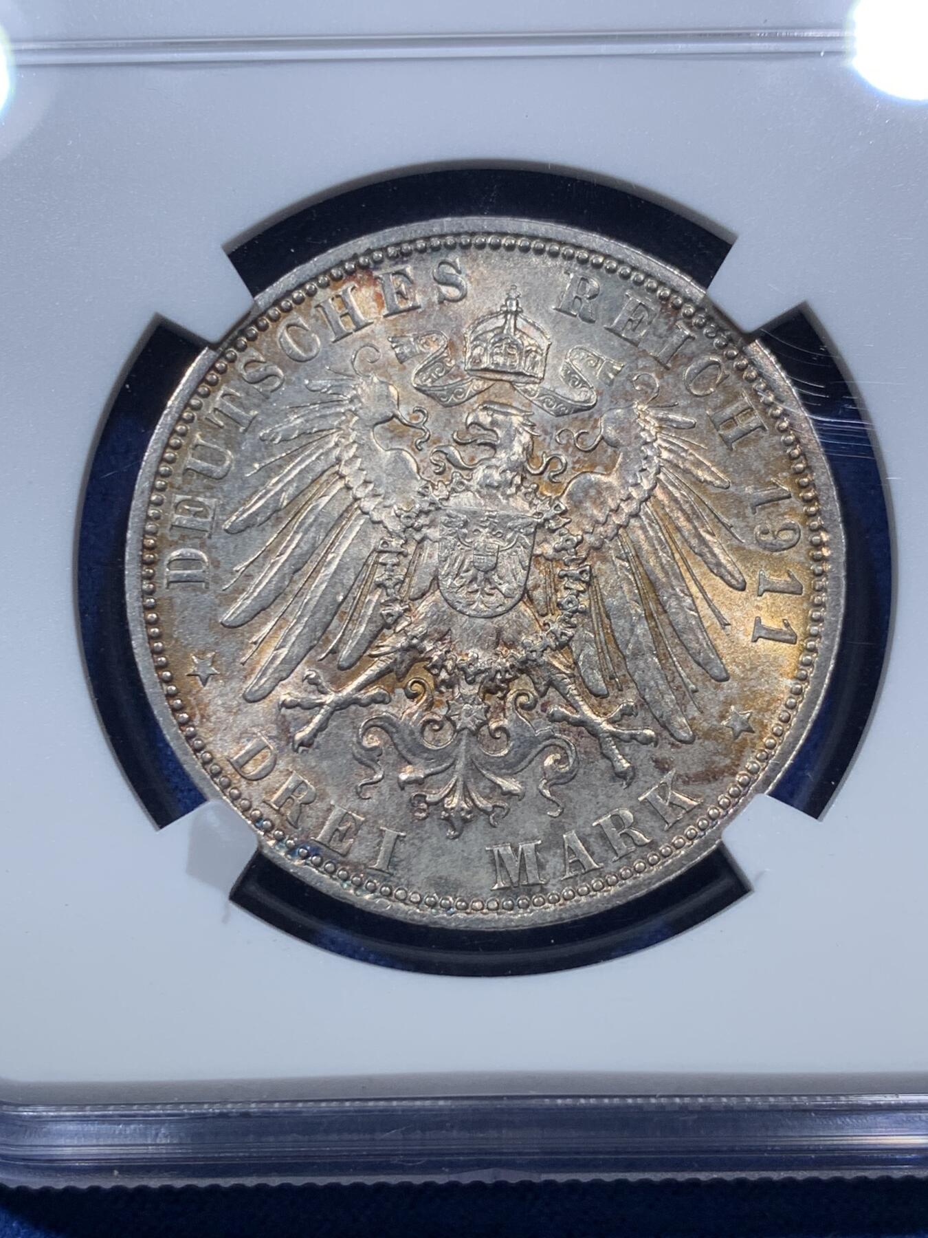 《竞宝斋》第293场- 周日，周一  2场连拍 （全场包邮） NGC MS63  巴伐利亚1911年利奥波德3马克银币