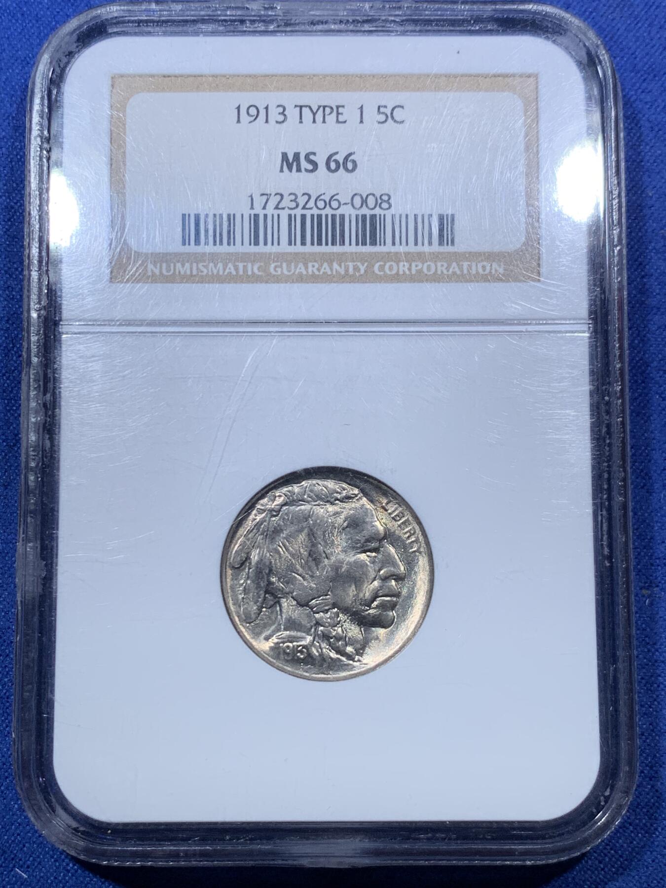 《竞宝斋》第293场- 周日，周一  2场连拍 （全场包邮） NGC MS66 美国1913年印第安人头水牛5分镍币 老白盒严评，首年版，NGC官网66分标价250美元，eBay同分标价12000元