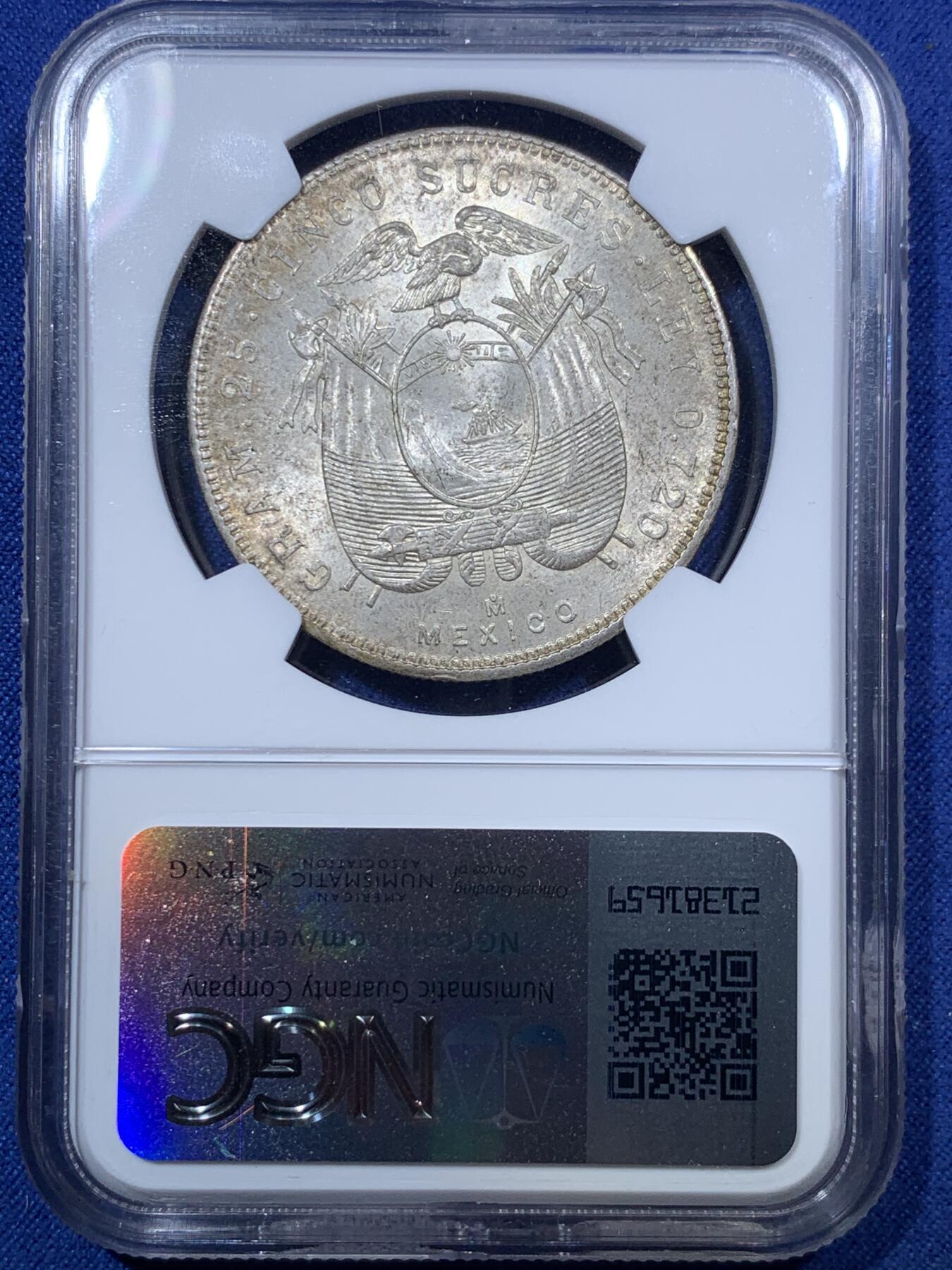 《竞宝斋》第293场- 周日，周一  2场连拍 （全场包邮） NGC MS62 厄瓜多尔1944年5苏克雷克朗大银币 带浅灰色包浆 转光好