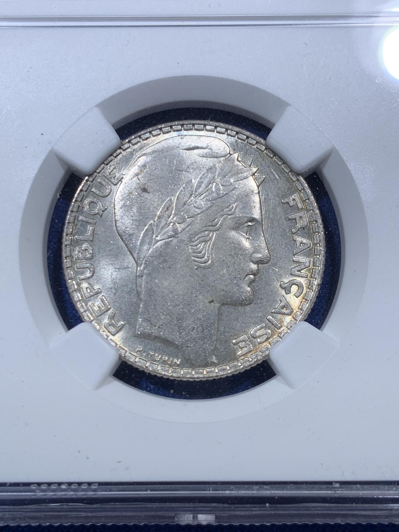 《竞宝斋》第293场- 周日，周一  2场连拍 （全场包邮） NGC MS64 法国1932年谷物女神10法郎银币