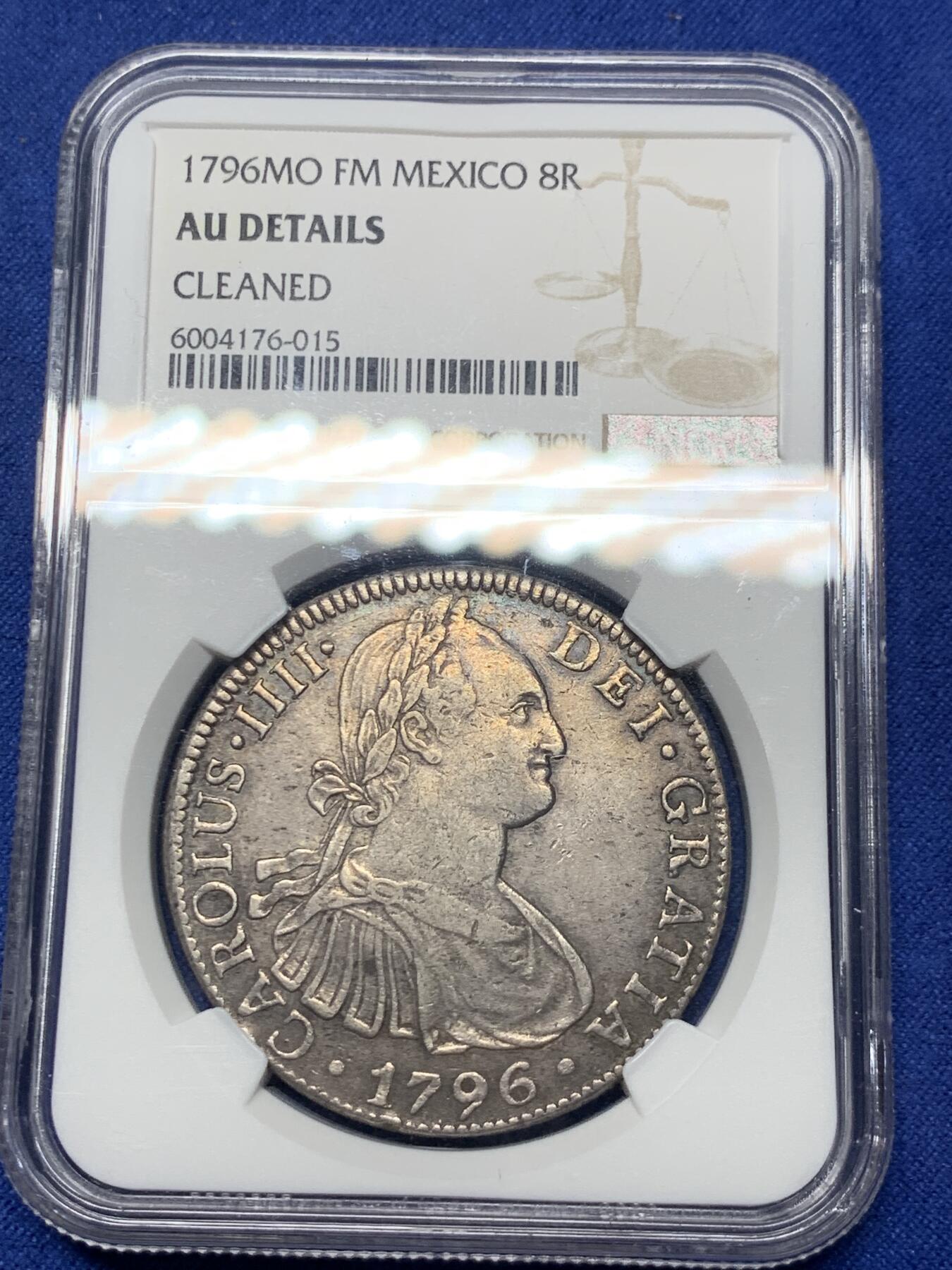 《竞宝斋》第293场- 周日，周一  2场连拍 （全场包邮） NGC AUD 西属墨西哥1796年卡四双柱银币 早期年份