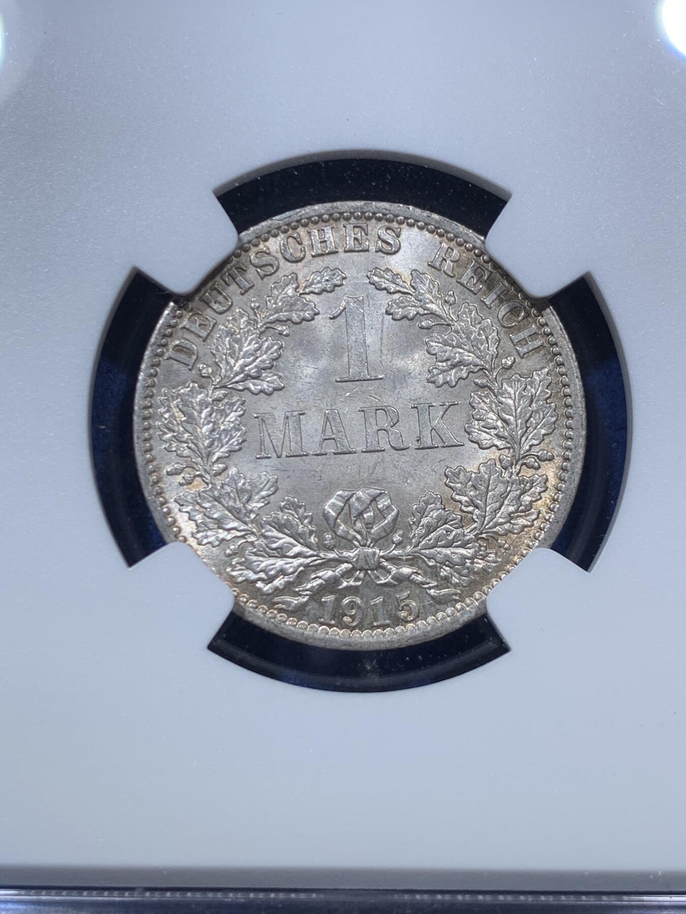 《竞宝斋》第293场- 周日，周一  2场连拍 （全场包邮） NGC MS65 德国1915-A 1马克银币 高分，宛若初铸，光晕流转没有丝毫阻碍，深打德意志鹰栩栩如生。