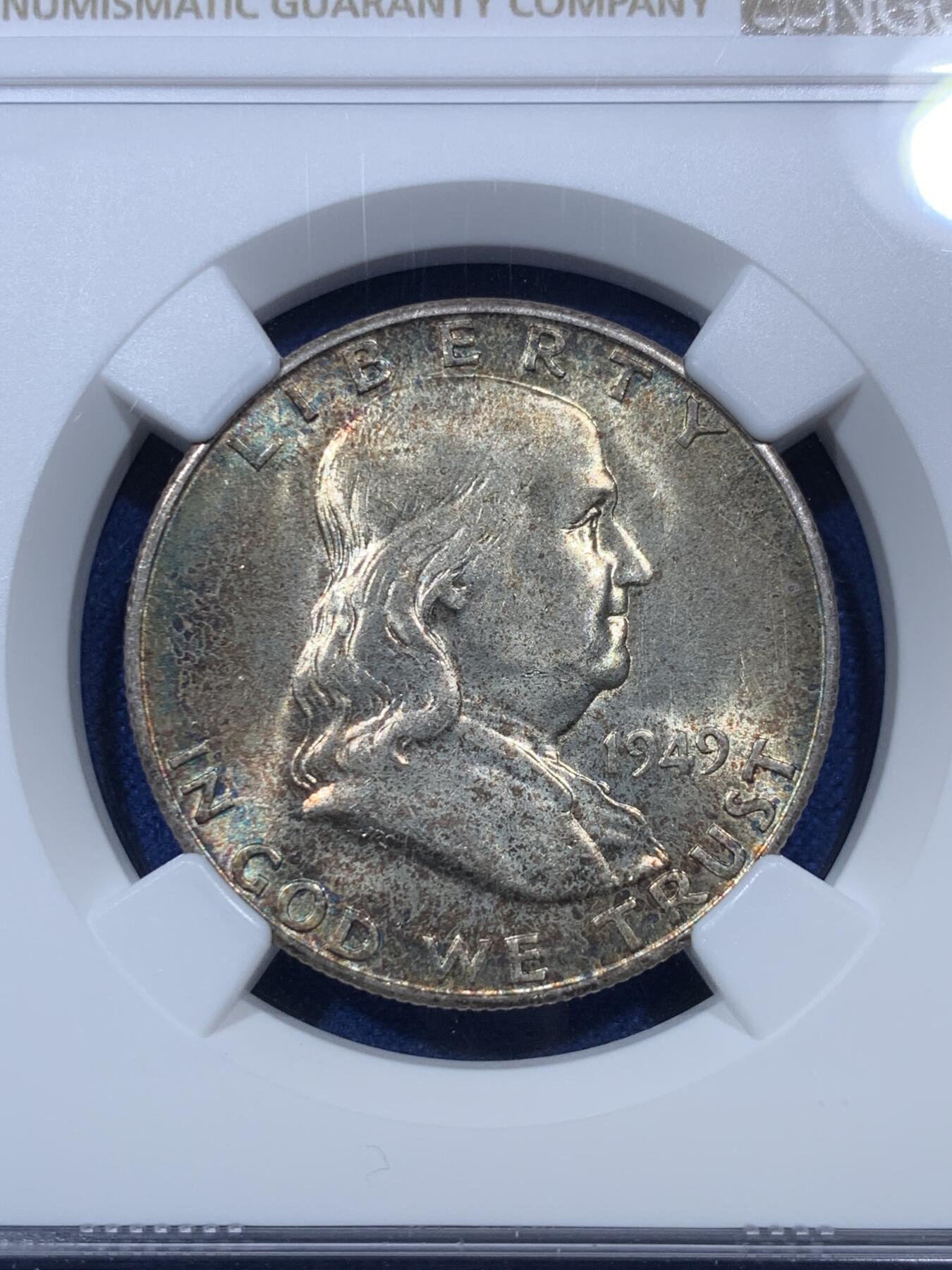 《竞宝斋》第293场- 周日，周一  2场连拍 （全场包邮） NGC MS65 美国 1949年S版 富兰克林半美元 50美分银币 月牙形五彩包浆 65分目录价160美元