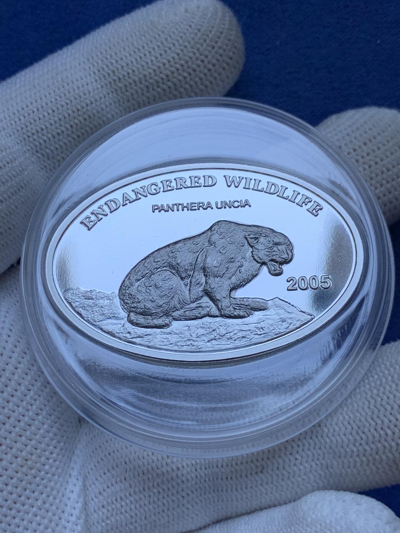 《竞宝斋》第293场- 周日，周一  2场连拍 （全场包邮） 2005年蒙古嵌铌合金异形雪豹银币 稀少