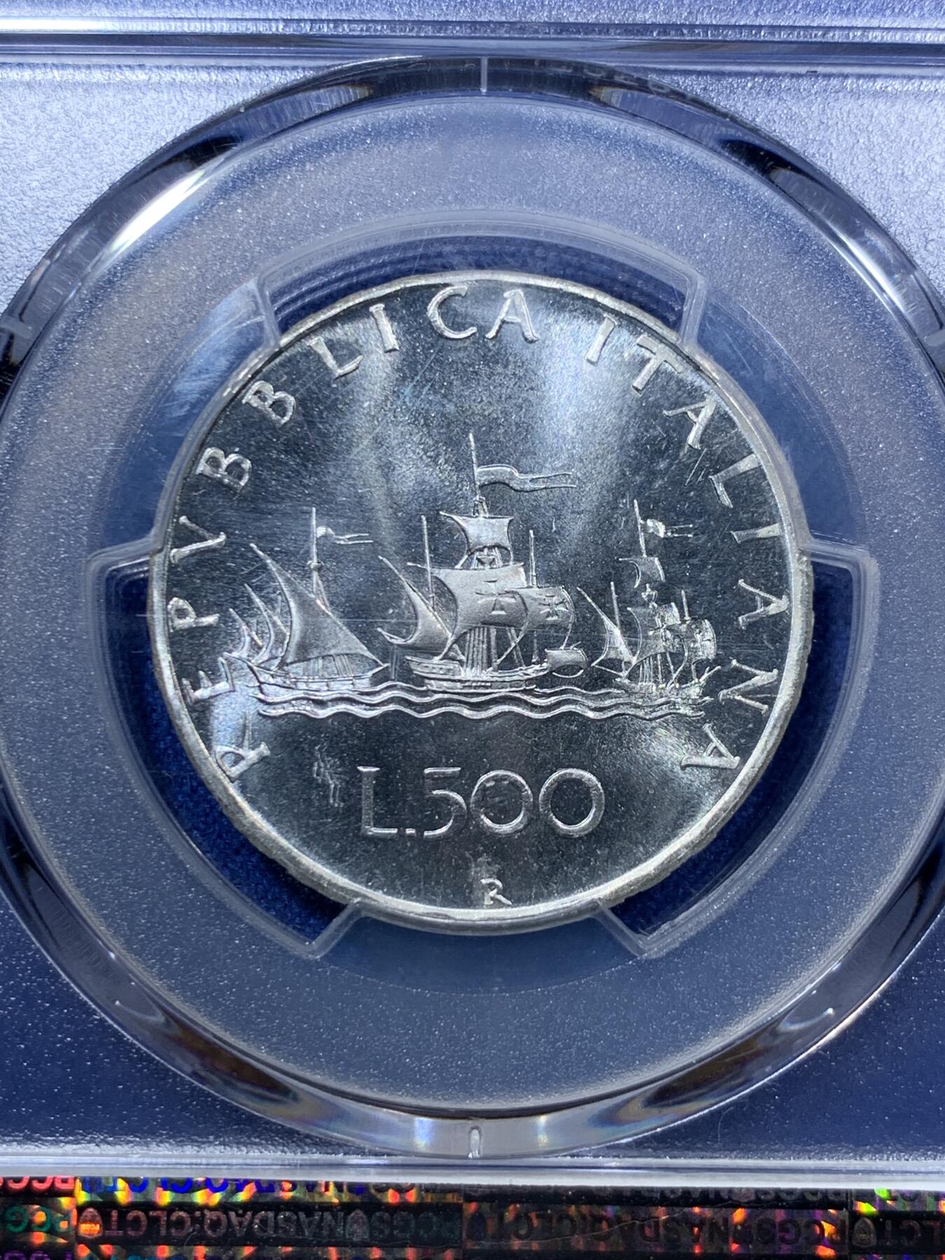 《竞宝斋》第293场- 周日，周一  2场连拍 （全场包邮） PCGS MS67  意大利 1970R 500里拉 美女船银币 光度不错 丝绸底板