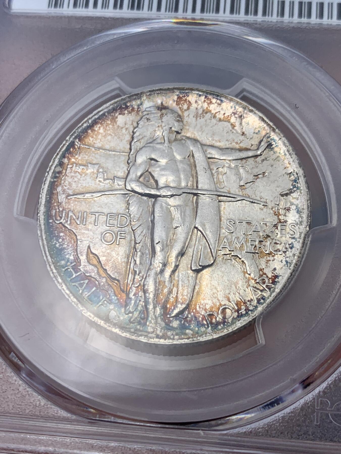 《竞宝斋》第293场- 周日，周一  2场连拍 （全场包邮） PCGS MS64 美国 1926年 俄勒冈小道半美元银币 正面印第安人 背面大篷车 这枚镜面+五彩包浆+CAC标 媲美更高分