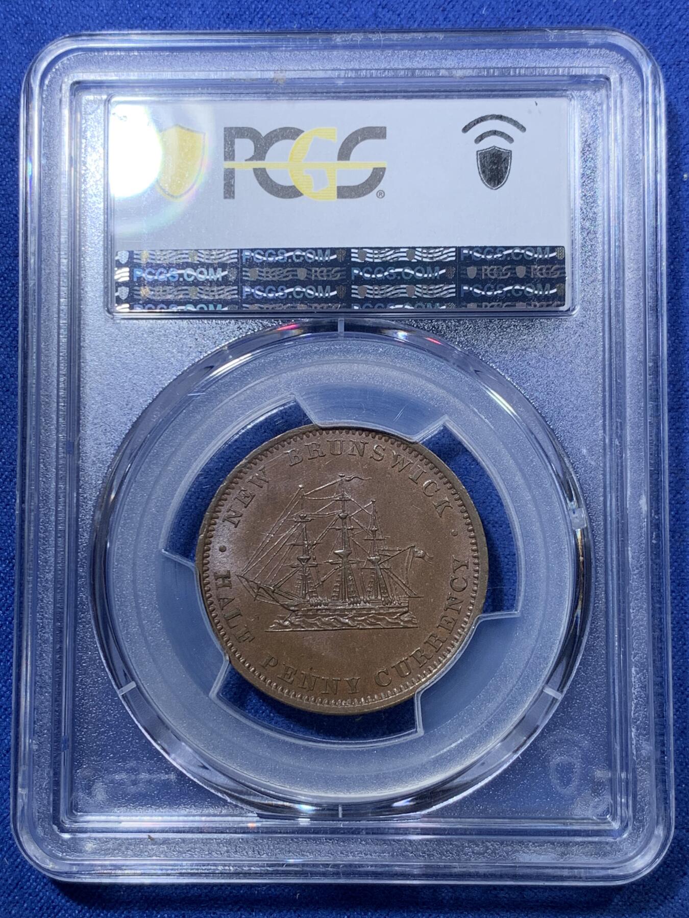 《竞宝斋》第293场- 周日，周一  2场连拍 （全场包邮） PCGS MS64BN 加拿大1854新布伦瑞克省维多利亚女王半便士铜币 非常少见品种，64分更是超级少见。加拿大的维多利亚都不便宜。