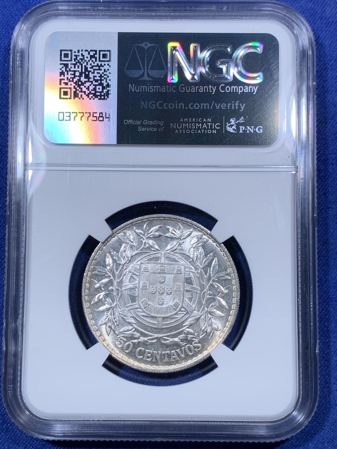 《竞宝斋》第293场- 周日，周一  2场连拍 （全场包邮） NGC MS63 葡萄牙1916年自由女神半圆50分银币