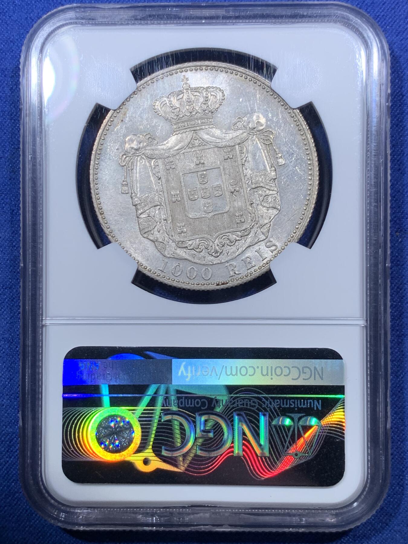 《竞宝斋》第293场- 周日，周一  2场连拍 （全场包邮） NGC MS62 葡萄牙1899年卡洛斯一世1000瑞斯大银币 葡萄牙本土大面值银币 正面转光 背面深打