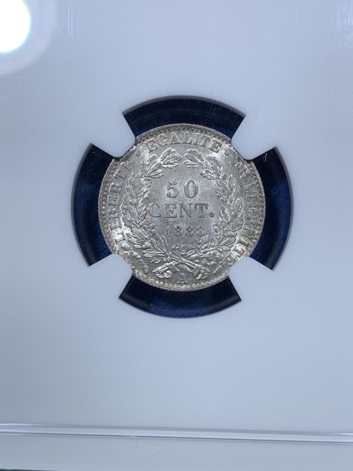 《竞宝斋》第293场- 周日，周一  2场连拍 （全场包邮） NGC MS63 法国1888A谷物女神50分银币 巴黎厂出品 吉祥年份 状态佳