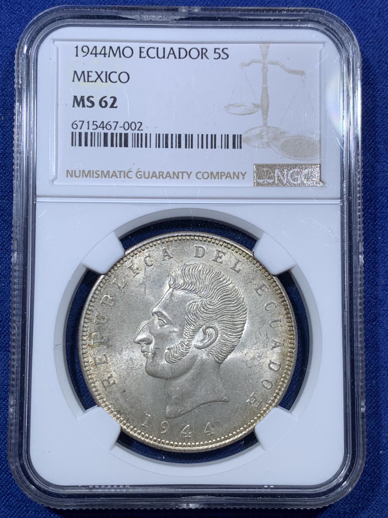 《竞宝斋》第293场- 周日，周一  2场连拍 （全场包邮） NGC MS62 厄瓜多尔1944年5苏克雷克朗大银币 带浅灰色包浆 转光好