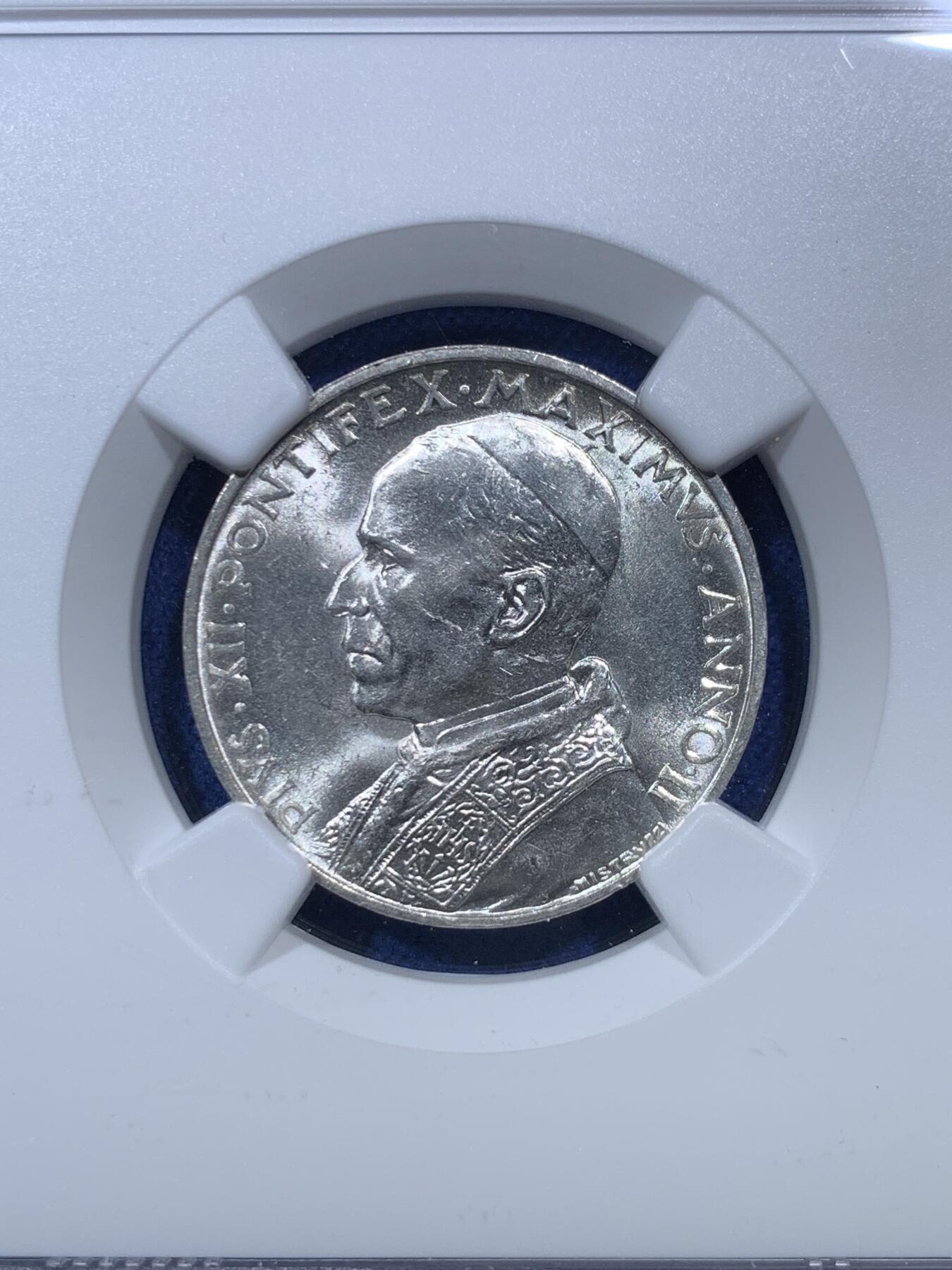 《竞宝斋》第293场- 周日，周一  2场连拍 （全场包邮） NGC MS63 梵蒂冈1940年5里拉划船银币 好品相