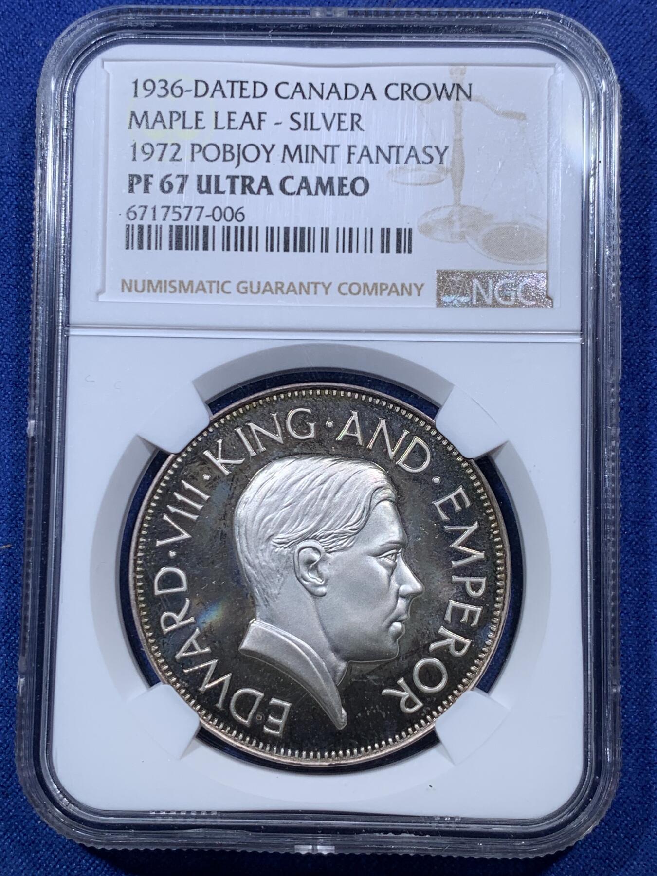 《竞宝斋》第293场- 周日，周一  2场连拍 （全场包邮） NGC PF67UC 后铸加拿大1936爱德华八世 银质1克朗 NGC冠军分 币面的镜面感和凝霜感都非常完美