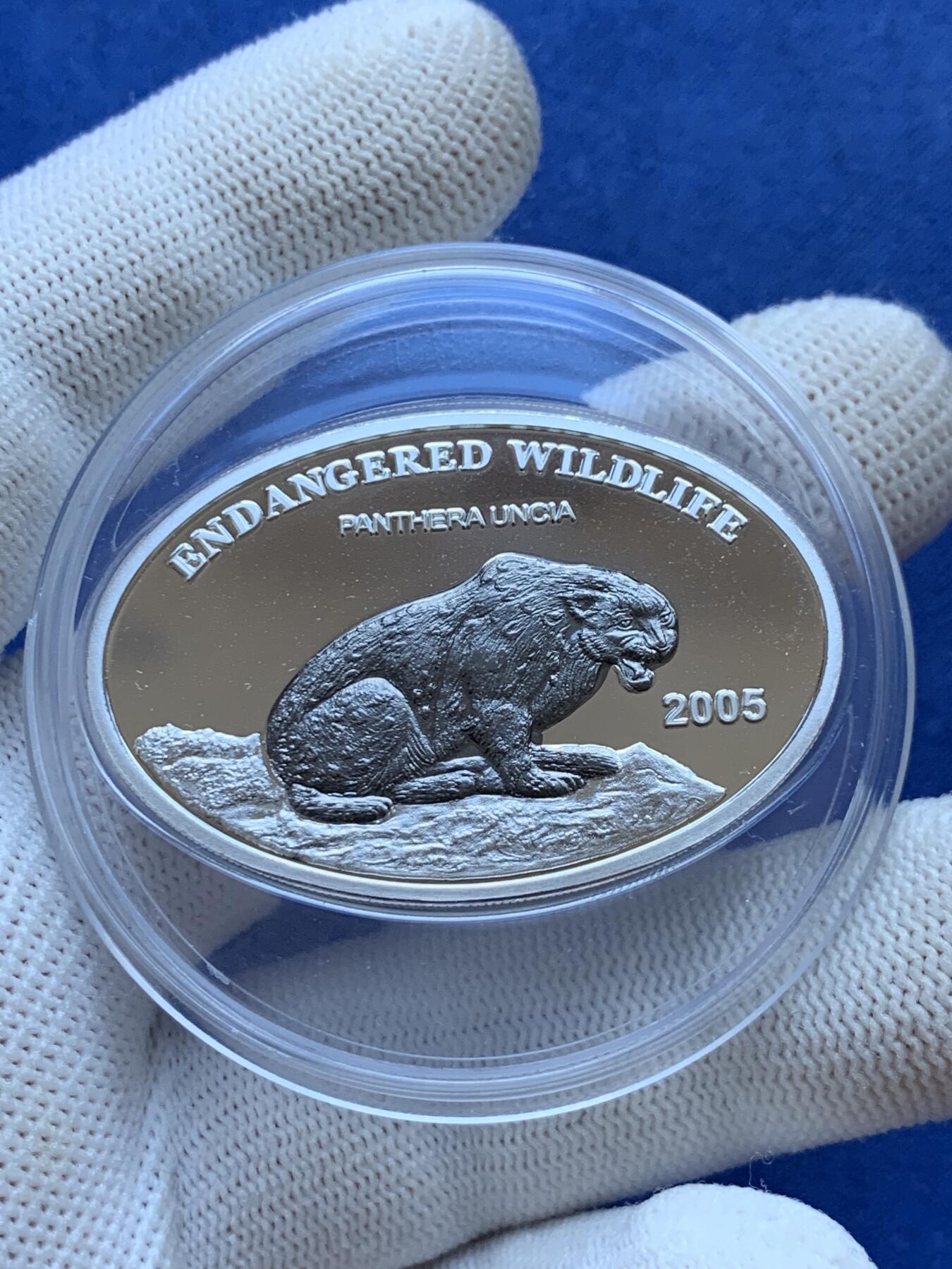 《竞宝斋》第293场- 周日，周一  2场连拍 （全场包邮） 2005年蒙古嵌铌合金异形雪豹银币 稀少