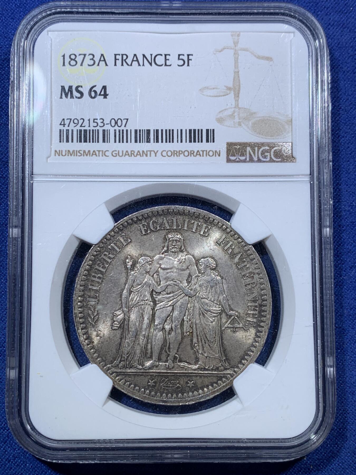 《竞宝斋》第293场- 周日，周一  2场连拍 （全场包邮） NGC MS64 法国1873年大力神5法郎 欧洲灰包浆 常见品种但包浆极美 人手必备