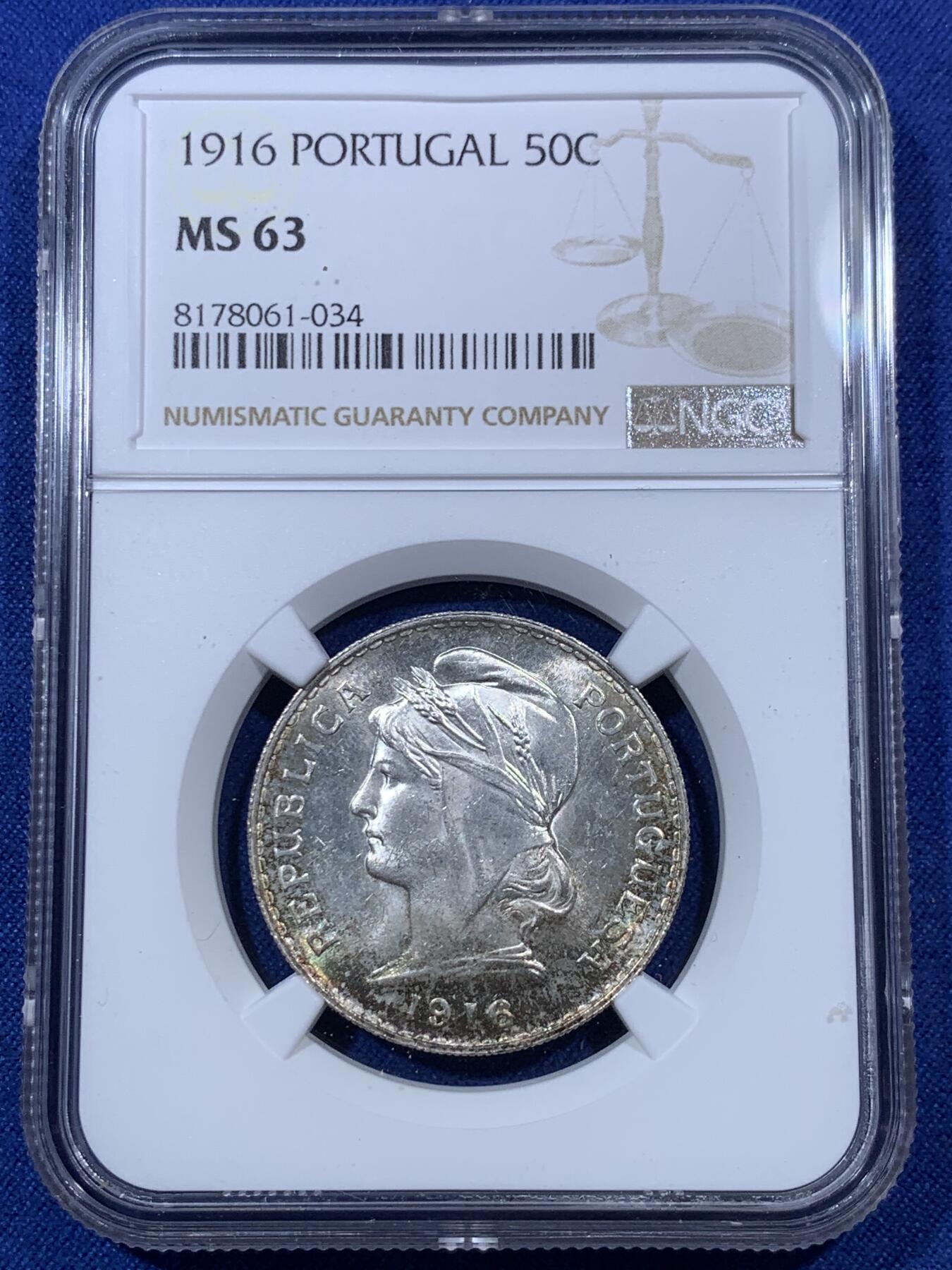 《竞宝斋》第293场- 周日，周一  2场连拍 （全场包邮） NGC MS63 葡萄牙1916年自由女神半圆50分银币