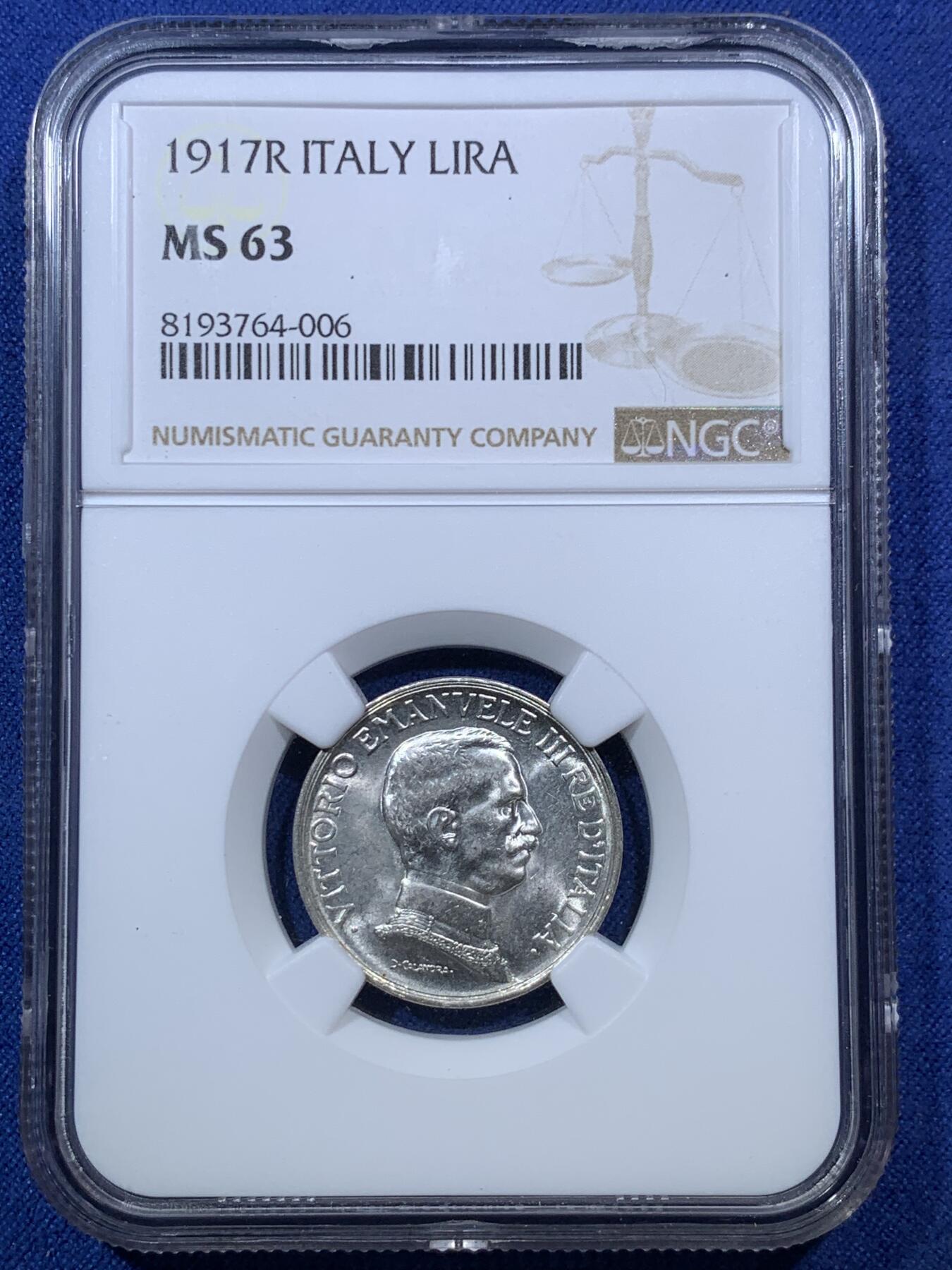 《竞宝斋》第293场- 周日，周一  2场连拍 （全场包邮） NGC MS63 意大利1917年马车1里拉银币 几乎出厂状态