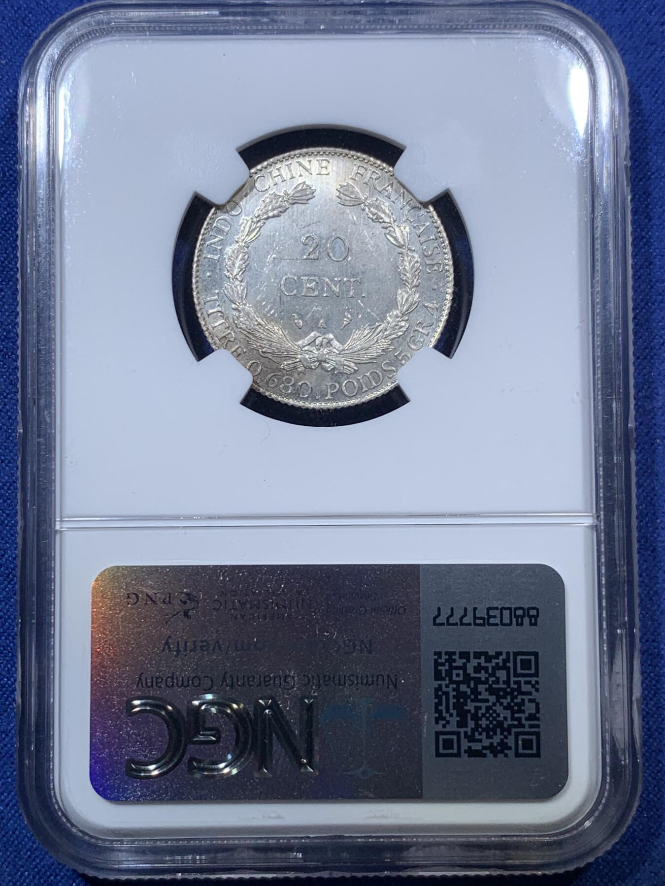 《竞宝斋》第293场- 周日，周一  2场连拍 （全场包邮） NGC UNCD 法属印支1930年坐洋20分银币 少见年份