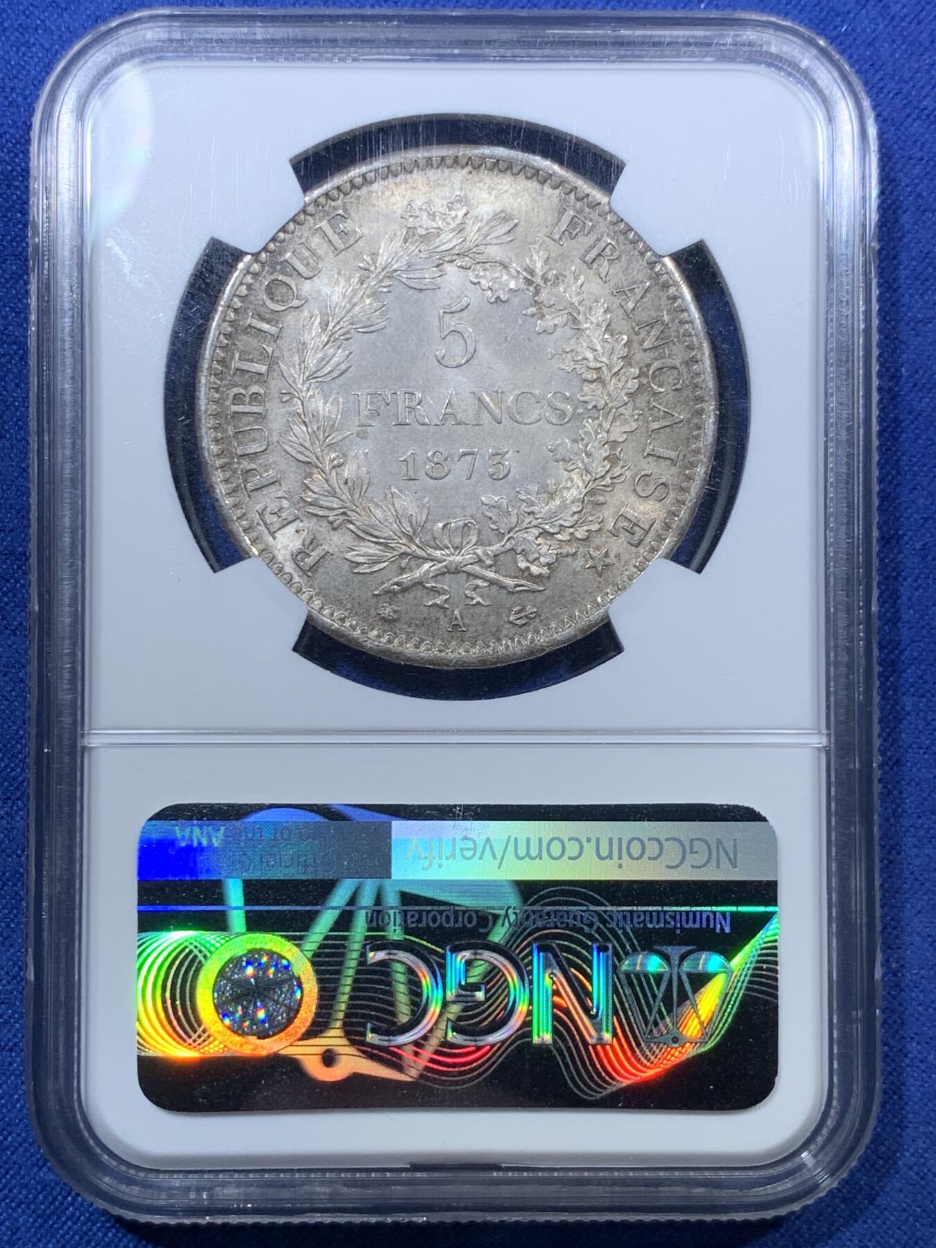 《竞宝斋》第293场- 周日，周一  2场连拍 （全场包邮） NGC MS64 法国1873年大力神5法郎 欧洲灰包浆 常见品种但包浆极美 人手必备