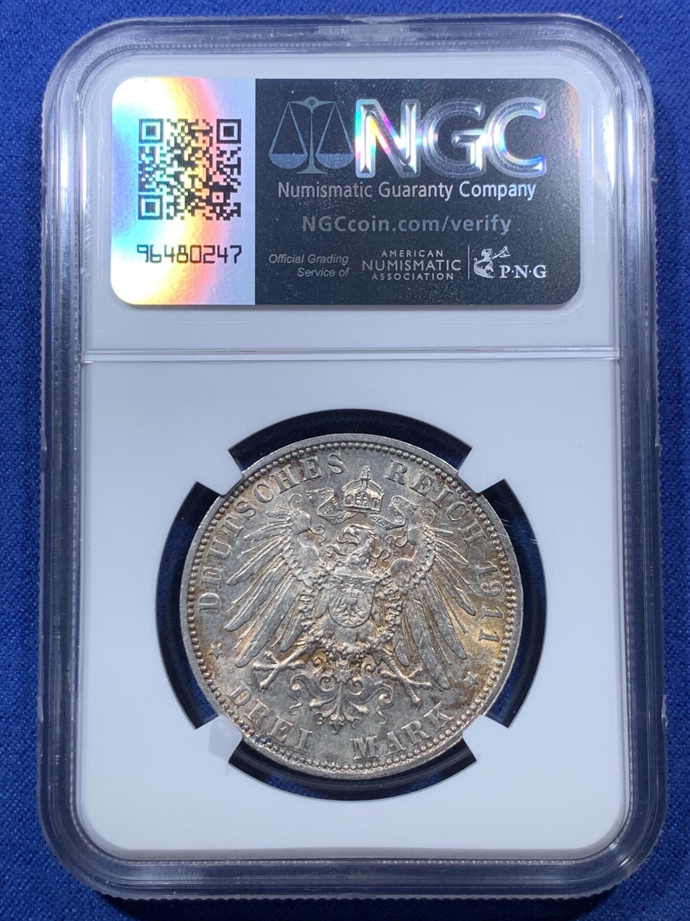 《竞宝斋》第293场- 周日，周一  2场连拍 （全场包邮） NGC MS63  巴伐利亚1911年利奥波德3马克银币