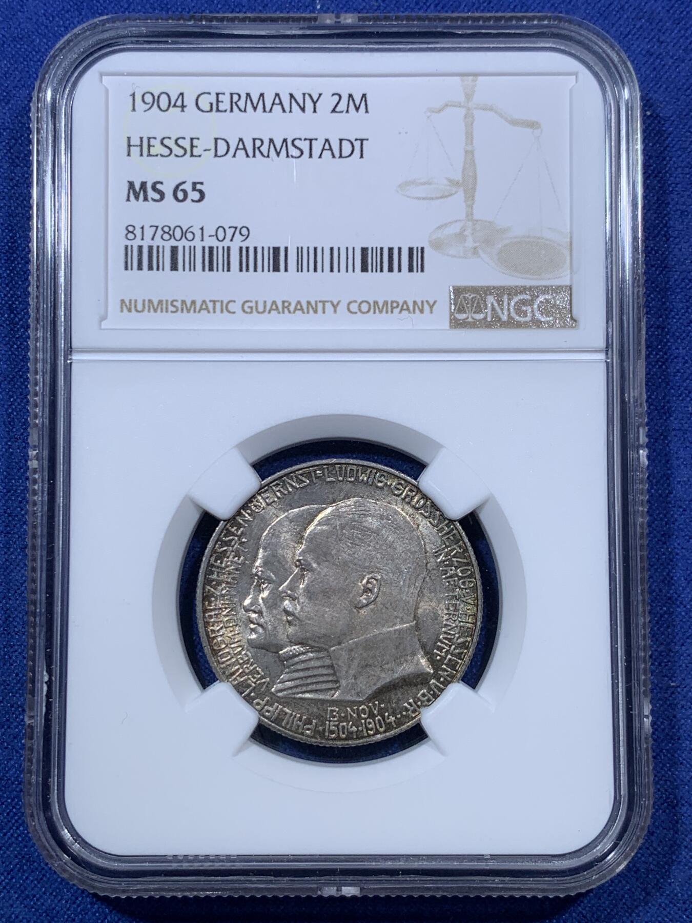 《竞宝斋》第293场- 周日，周一  2场连拍 （全场包邮） NGC MS65 德国 1904年 黑森达姆施塔特2马克银币