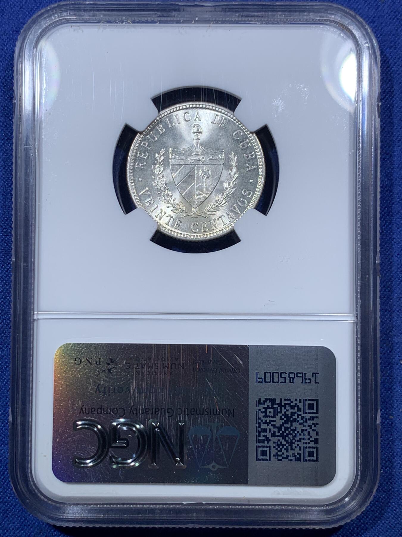 《竞宝斋》第293场- 周日，周一  2场连拍 （全场包邮） NGC MS65 古巴 1949年 五星 20分银币