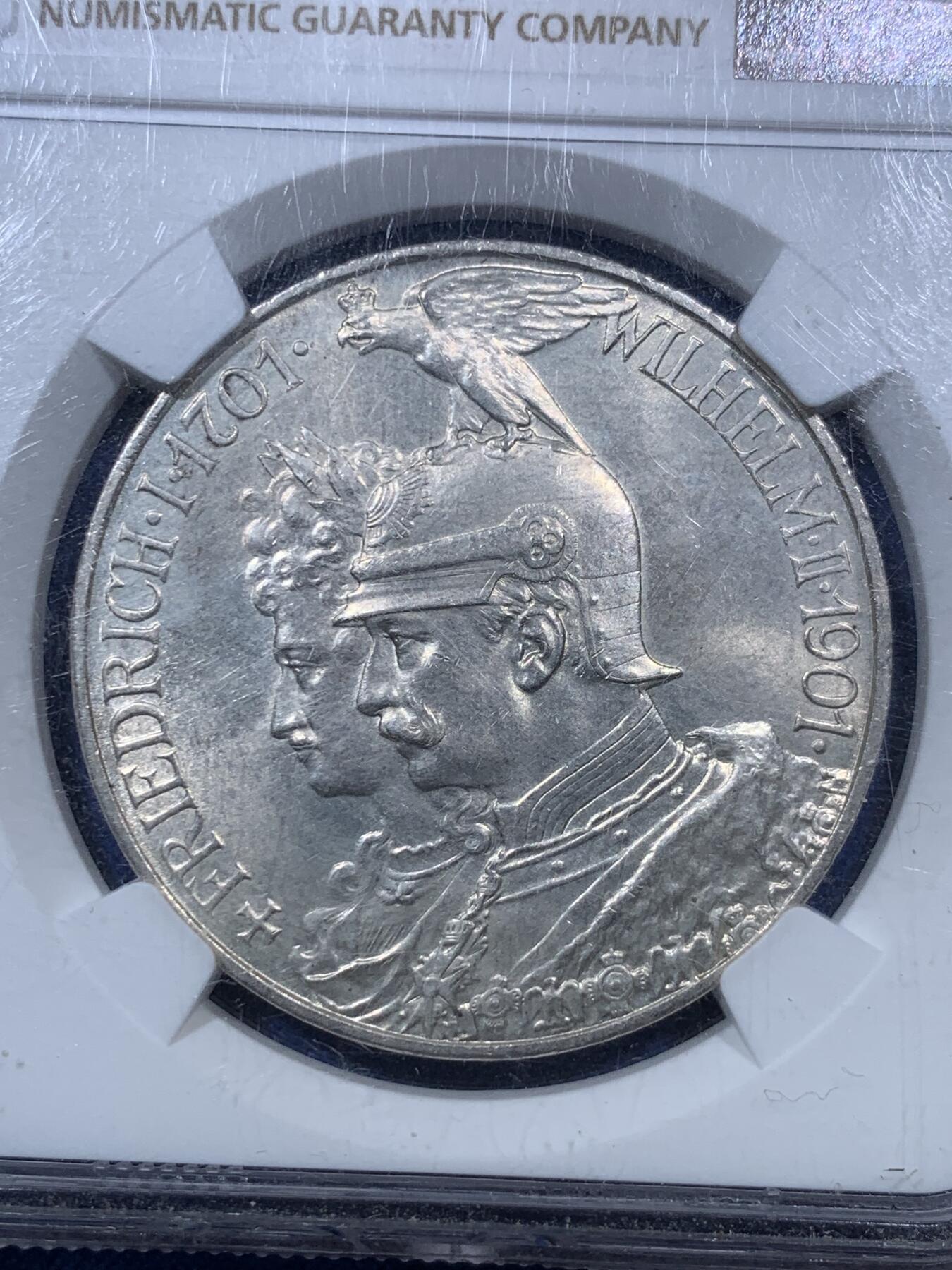 《竞宝斋》第293场- 周日，周一  2场连拍 （全场包邮） NGC MS62 德国1901年普鲁士建国200周年5马克纪念银币 打制精美