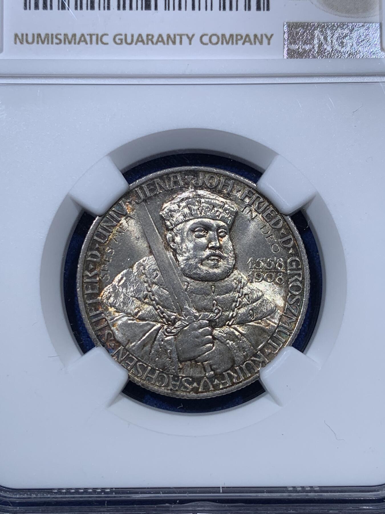 《竞宝斋》第293场- 周日，周一  2场连拍 （全场包邮） NGC MS65 德国 1908A 萨克森魏玛爱森纳赫耶拿大学建校350周年2马克银币